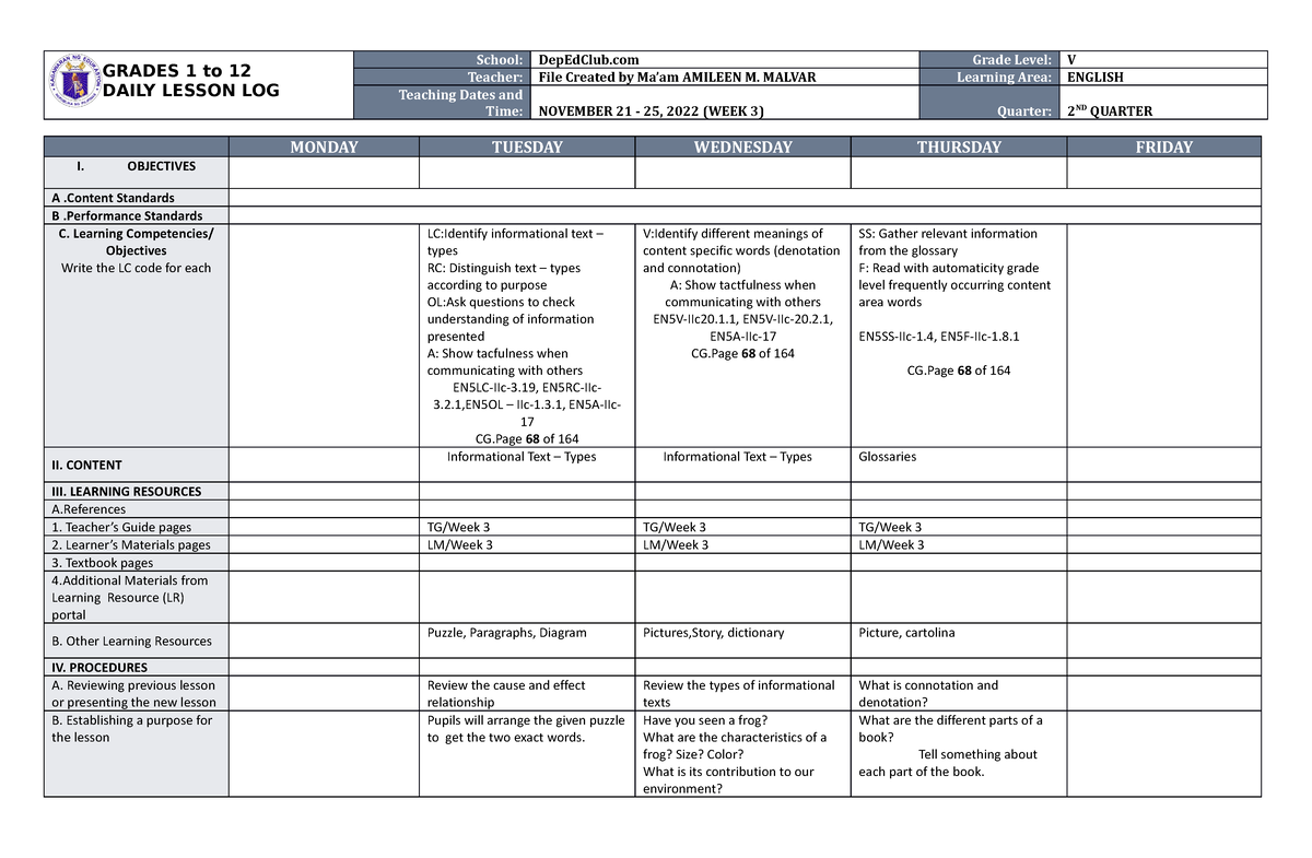 DLL English 5 Q2 W3 - DLL - GRADES 1 to 12 DAILY LESSON LOG School ...