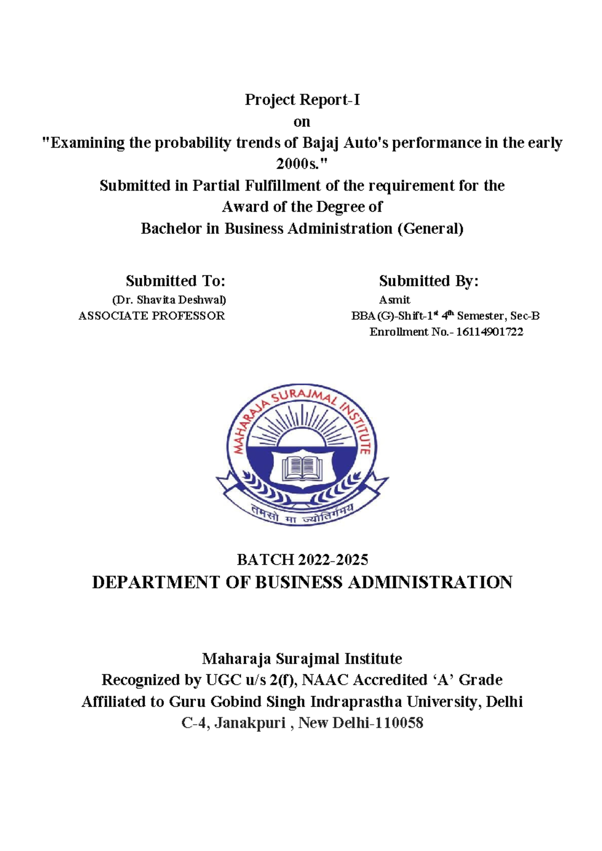 Final Draft MPR 17 05 2024 Asmit BBA General - Project Report-I on ...