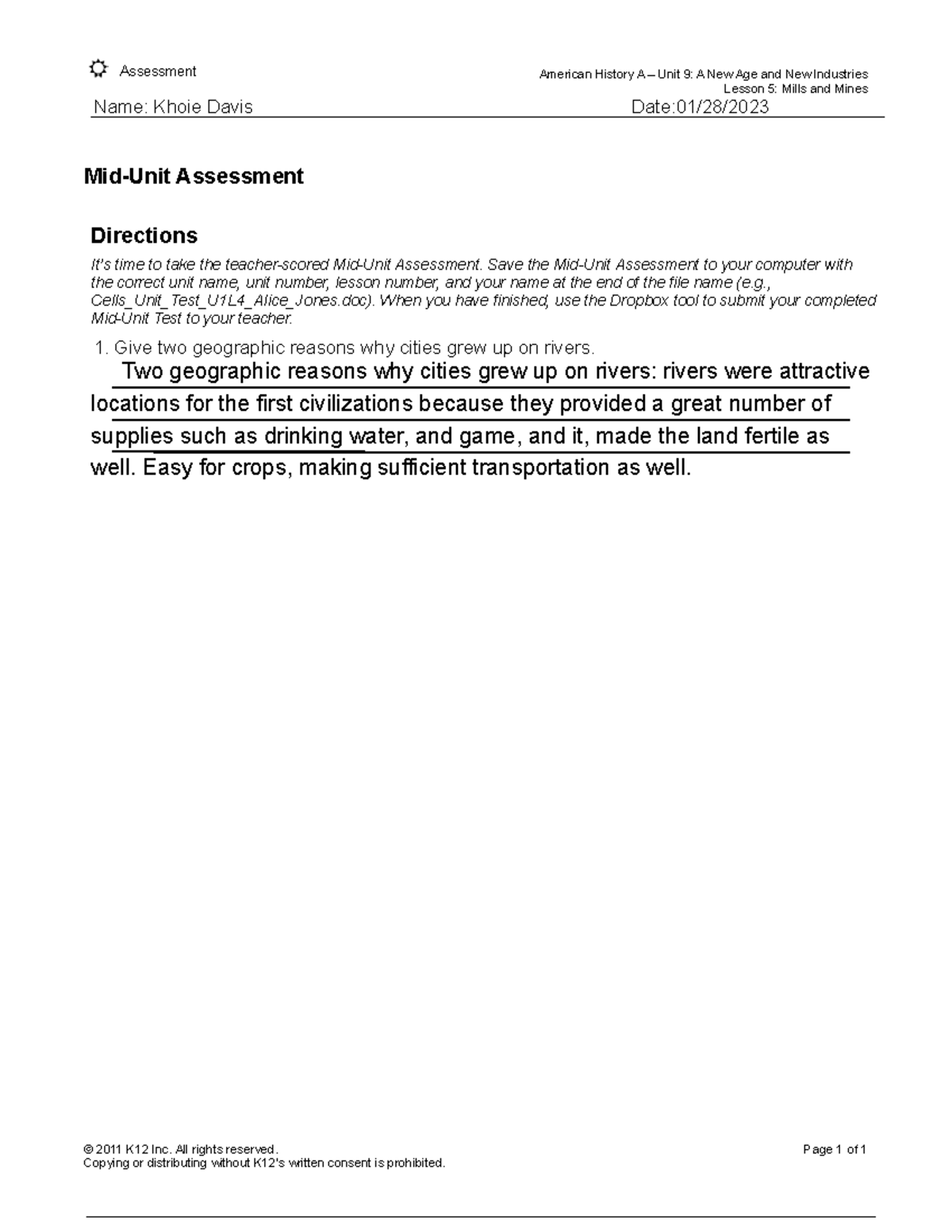 American History Unit 9 Khoie Davis Assessment American History A