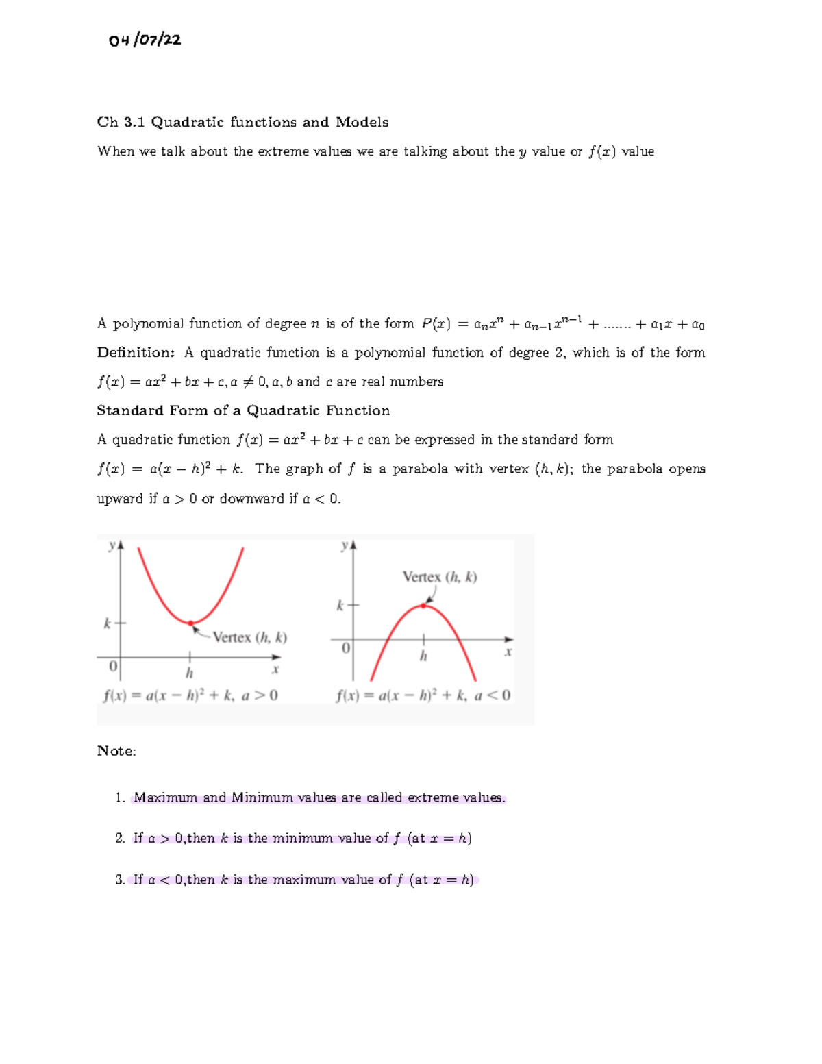 Ch+3 - lecture notes - Ch 3 Quadratic functions and Models When we talk ...