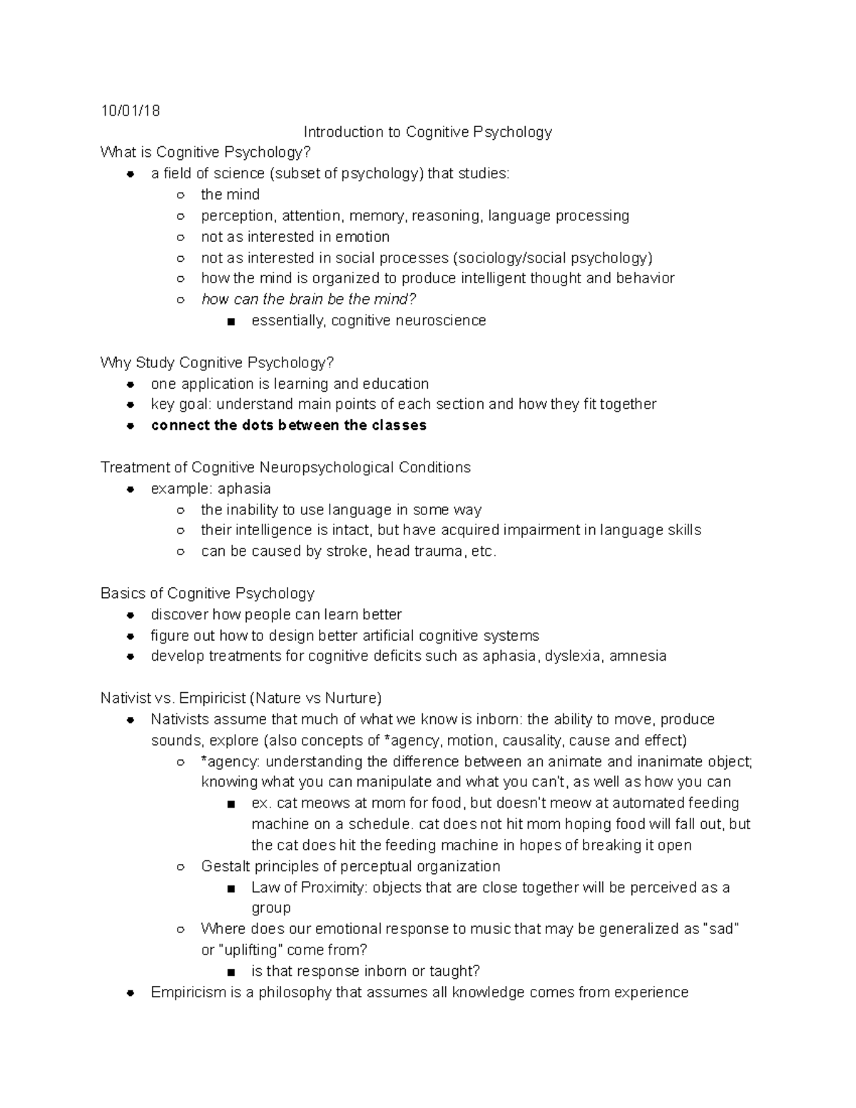 Cognitive Psych - Week 1 - 10/01/ Introduction To Cognitive Psychology ...