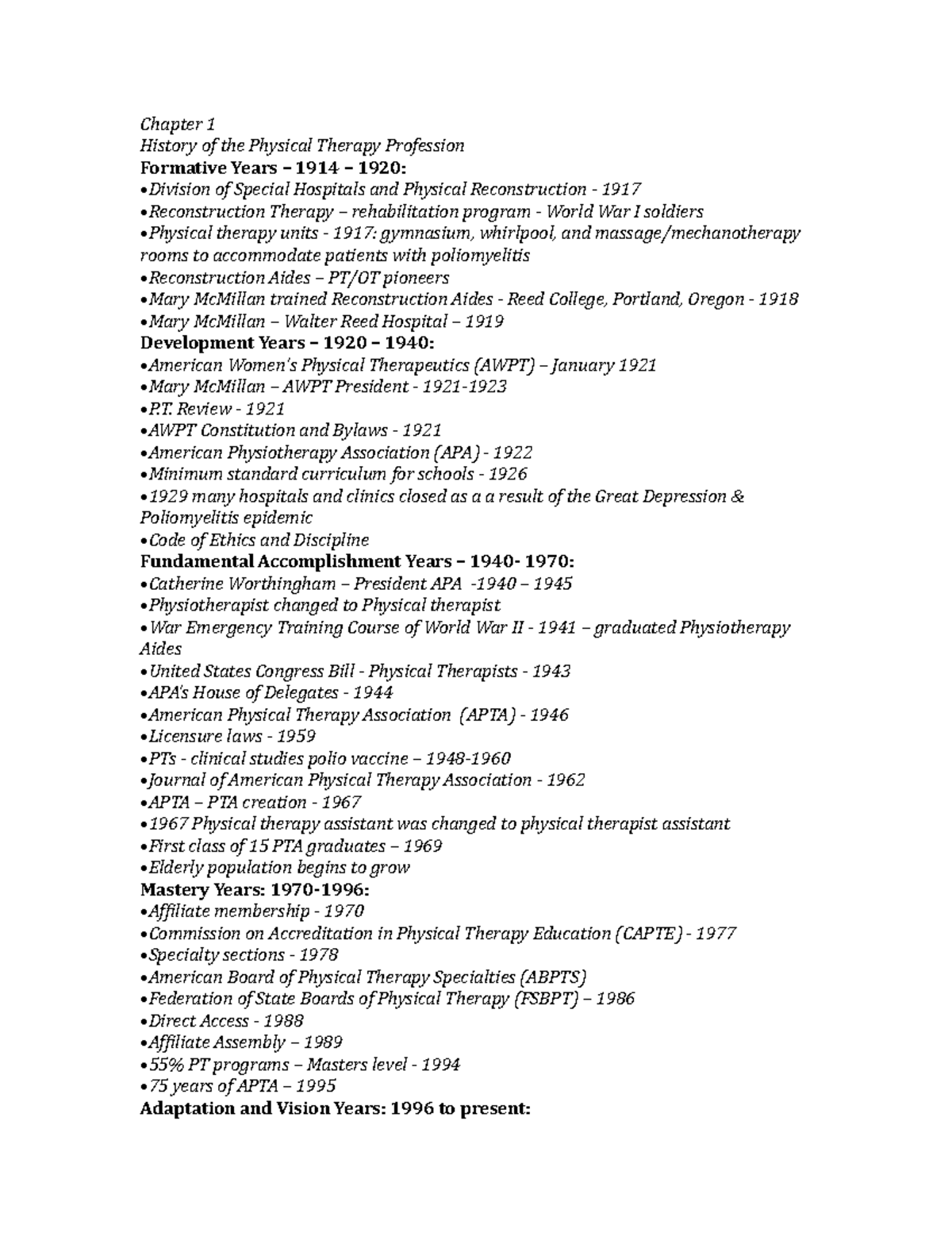 Final - Chapter 1 History Of The Physical Therapy Profession Formative ...