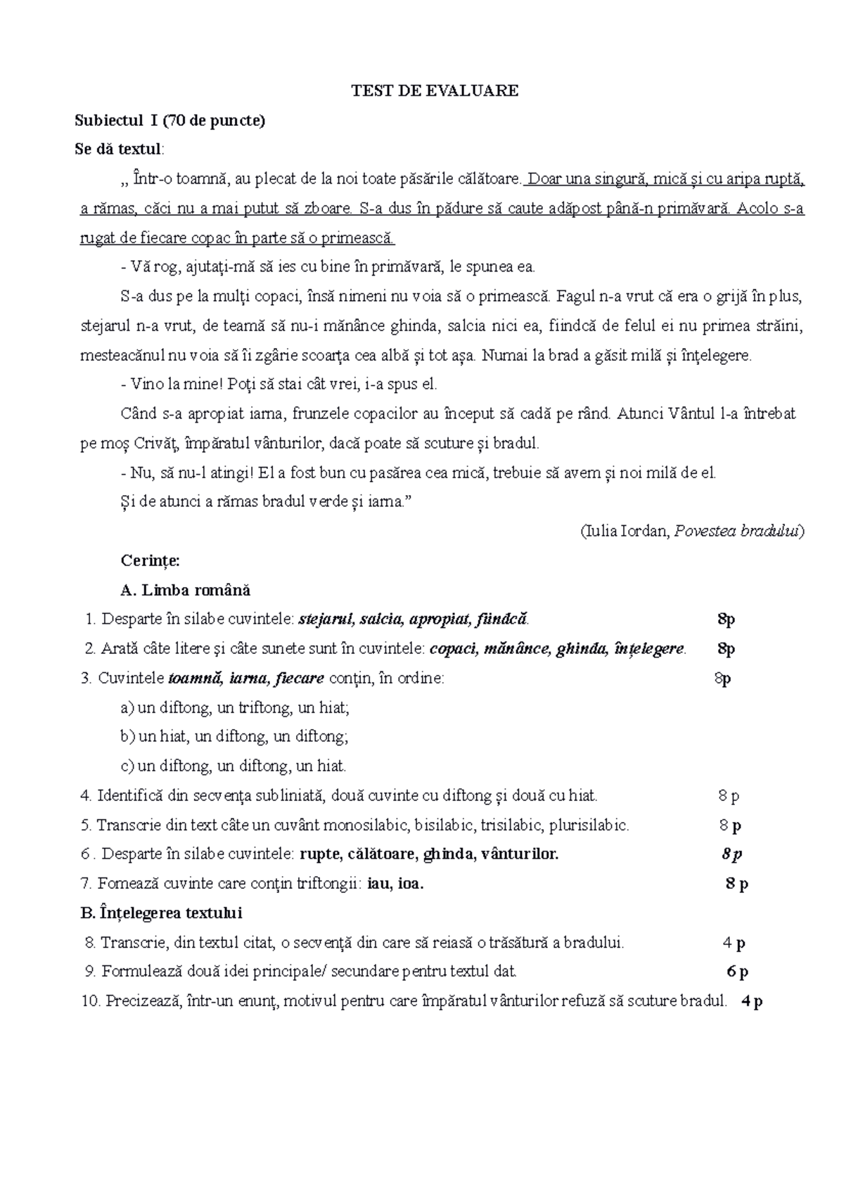 0 test de evaluare sumativa clasa a via - TEST DE EVALUARE Subiectul I ...