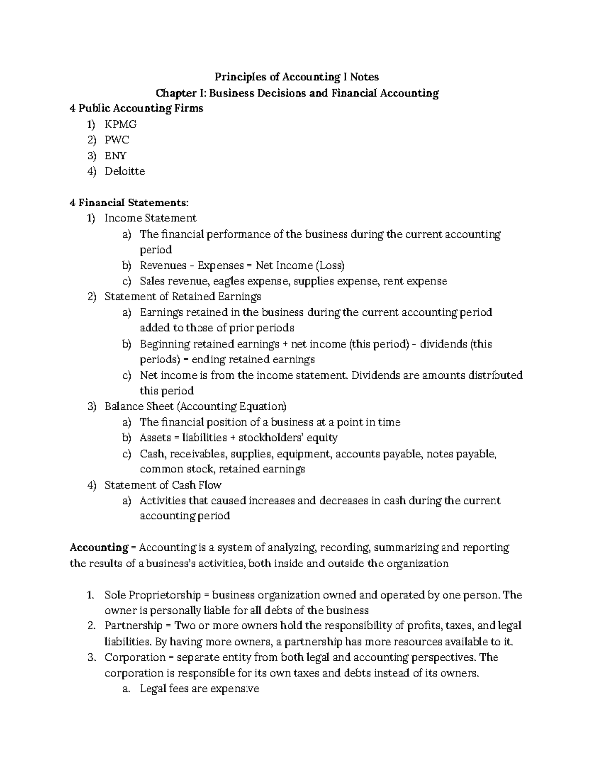 Accounting Chapter I Notes - Principles of Accounting I Notes Chapter I ...