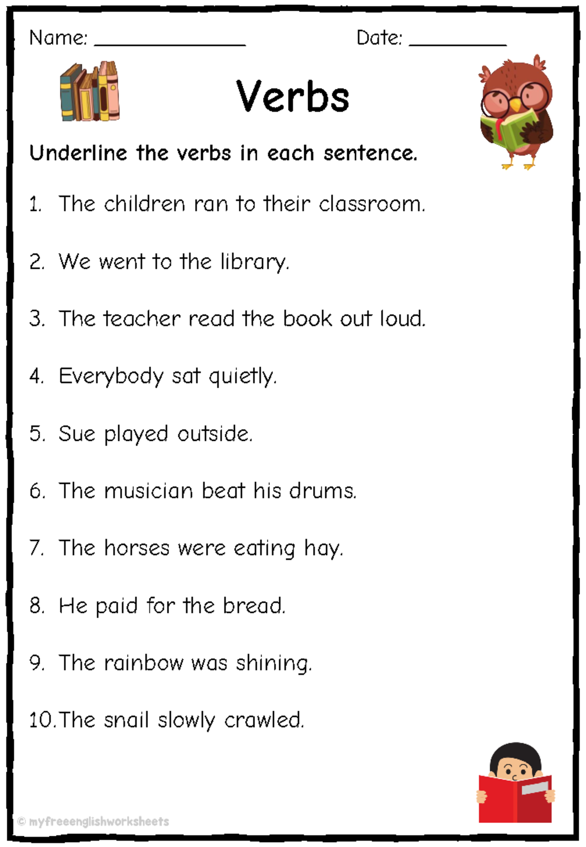 Verb Worksheet 1 Underline the verb - English - Verbs Underline the ...