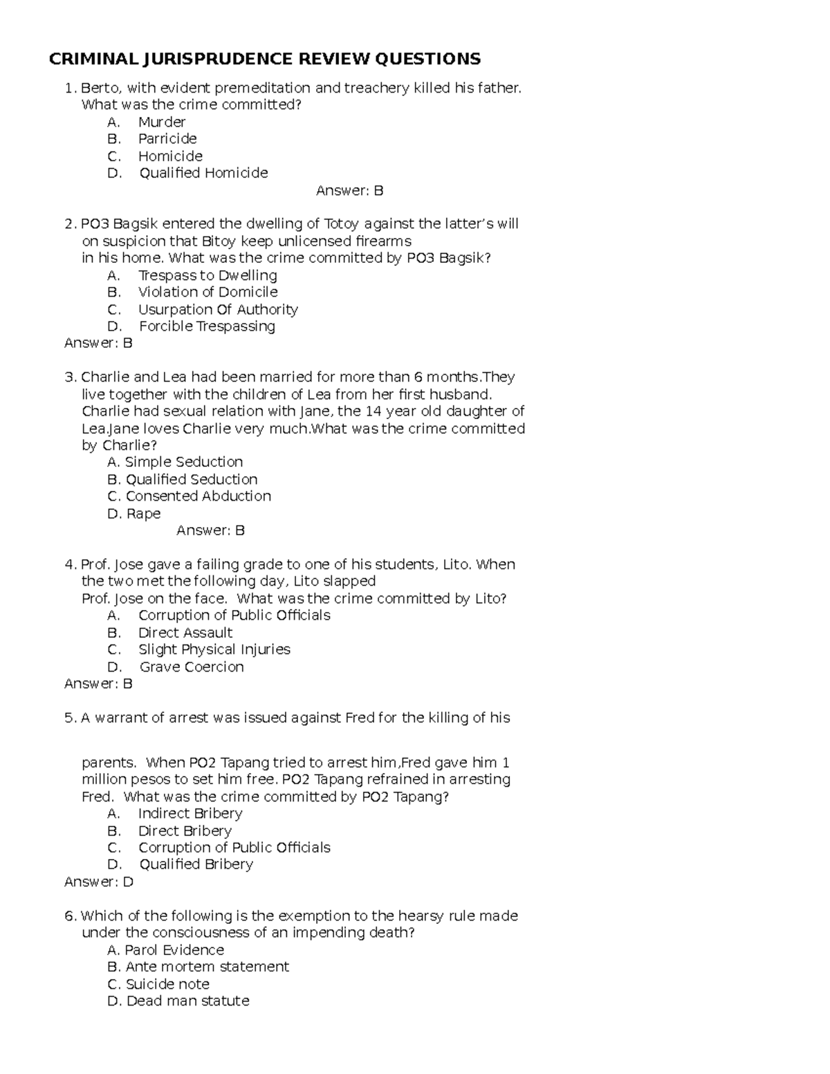 Criminal Jurisprudence Review Questions - CRIMINAL JURISPRUDENCE REVIEW ...