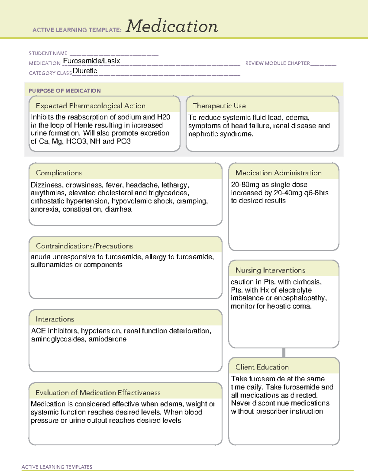 Furosemide med template - ACTIVE LEARNING TEMPLATES Medication STUDENT ...