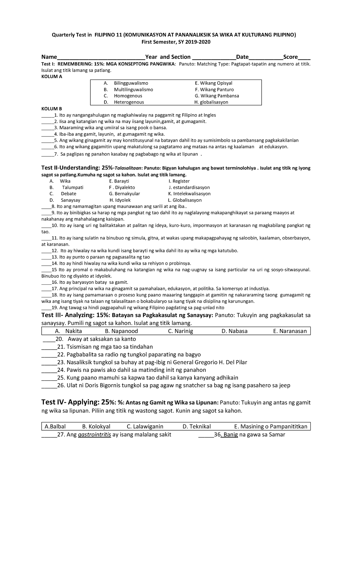 Toaz - Exam - Quarterly Test In FILIPINO 11 (KOMUNIKASYON AT ...