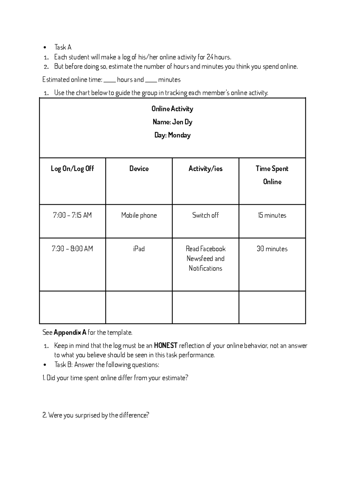 Sts Task Performance Task A 1 Each Student Will Make A Log Of His