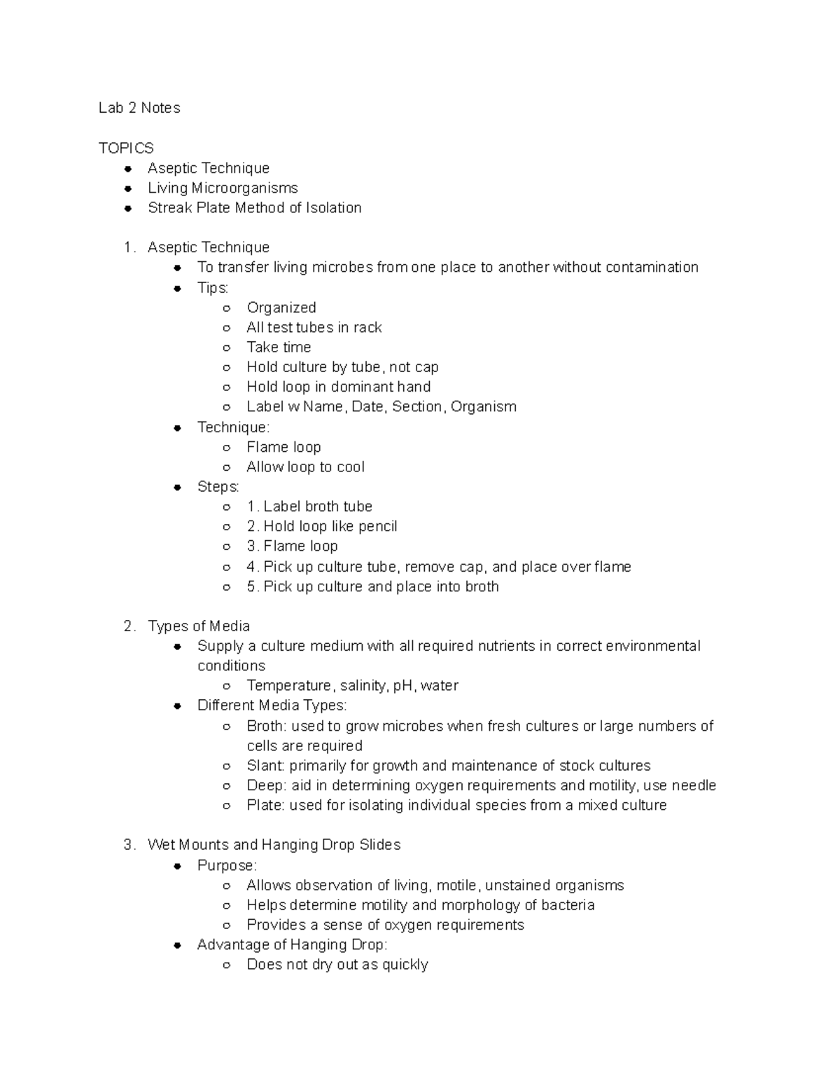 Lab 2 Notes - Lab 2 Notes TOPICS Aseptic Technique Living ...