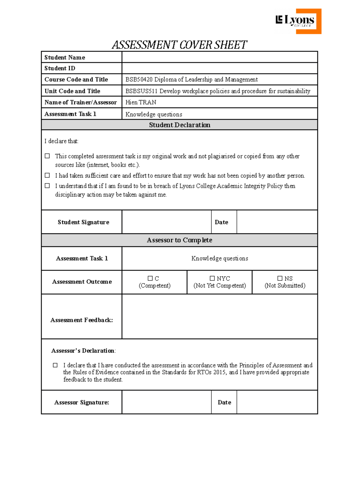 7-10-22 TASK 1 - SUS511 - Guide - ASSESSMENT COVER SHEET Student Name ...