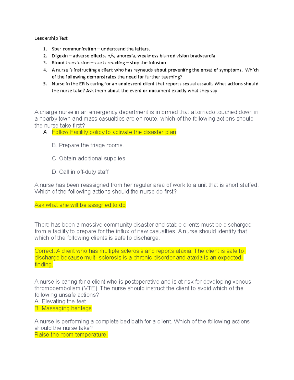 Leadership Test Study Guide Leadership Test Sbar communication