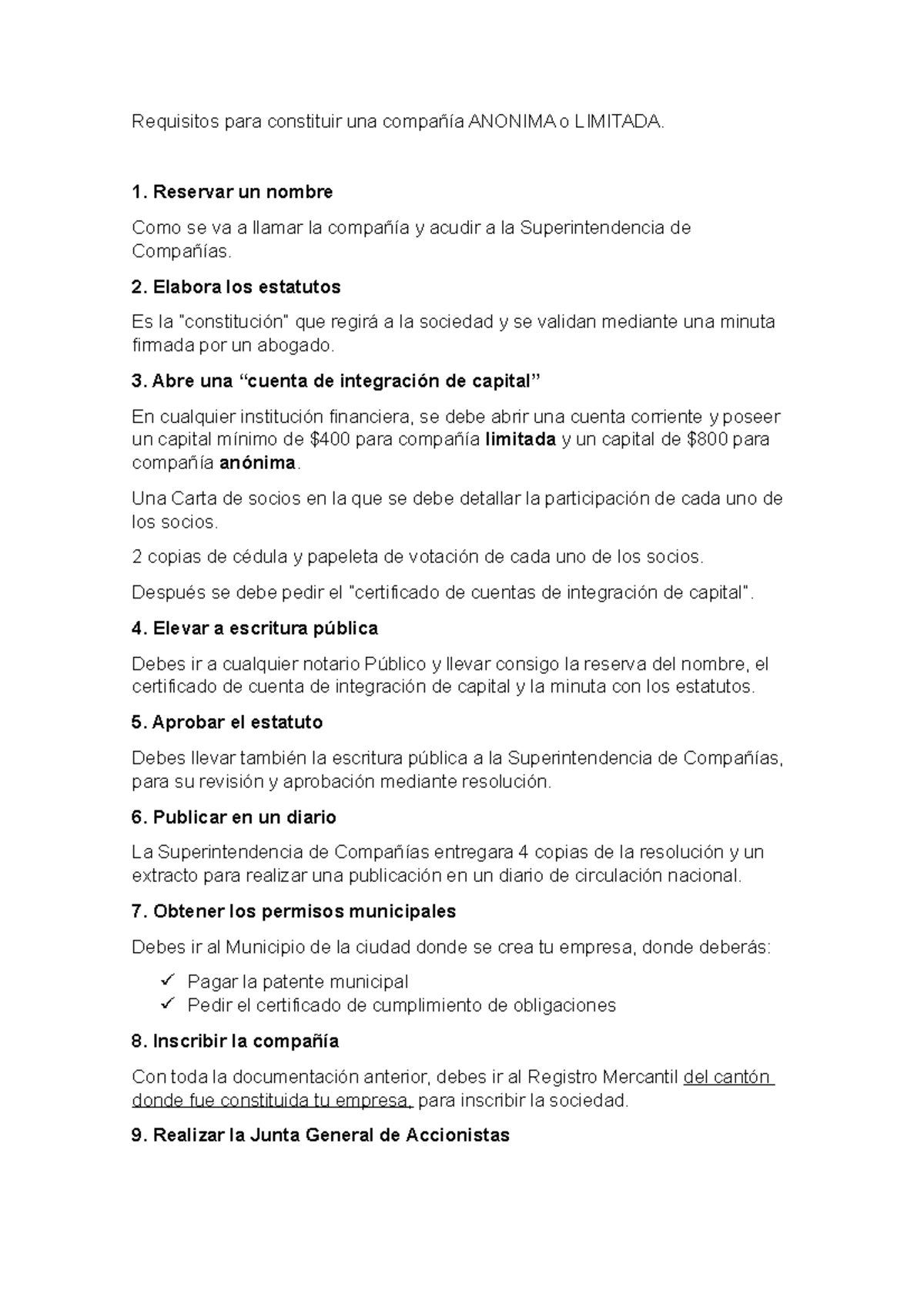 Requisitos Para Constituir Una Compañía Anonima O Limitada - Requisitos ...