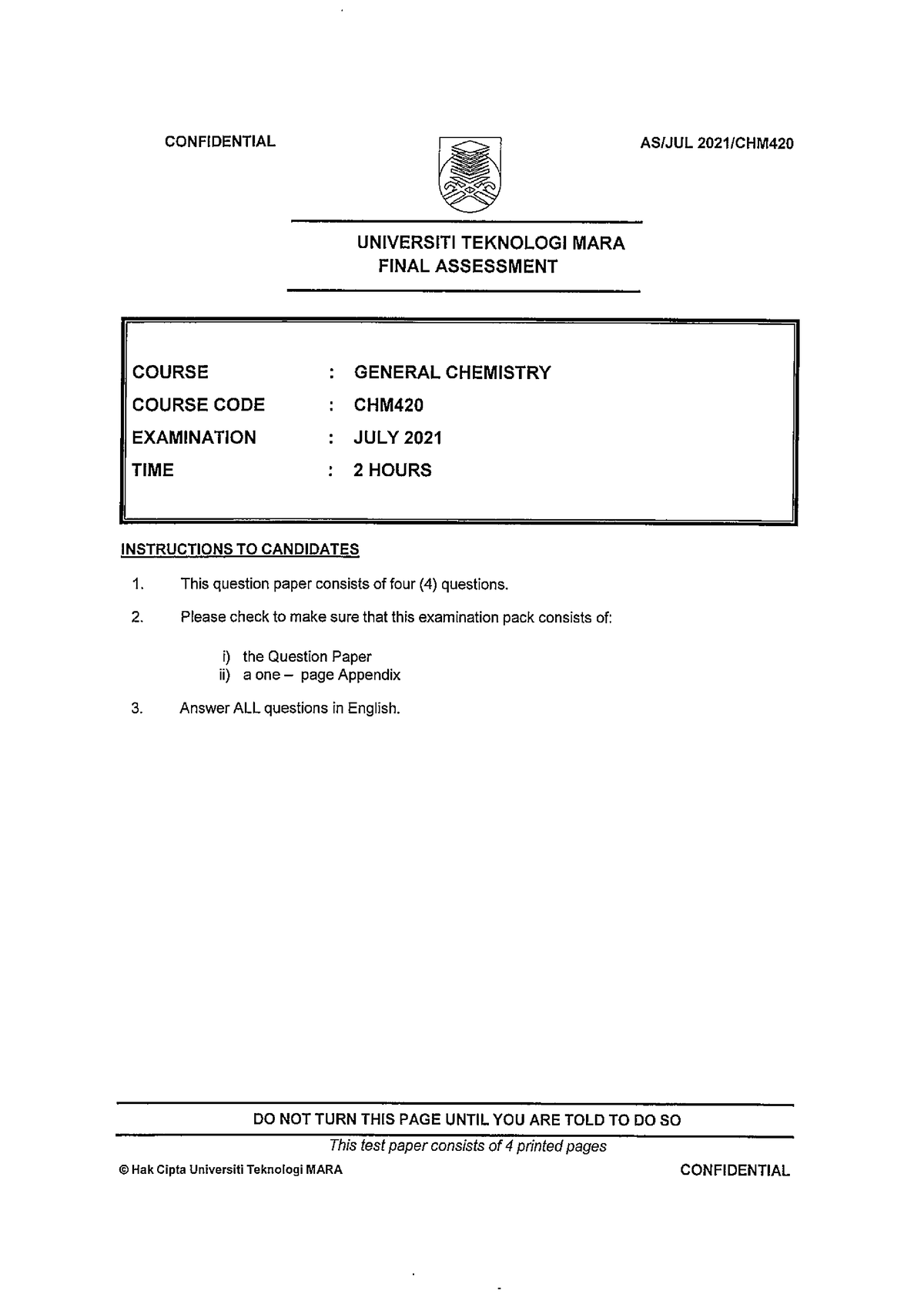 CHM420 Past Exam Paper - General Chemistry - Studocu