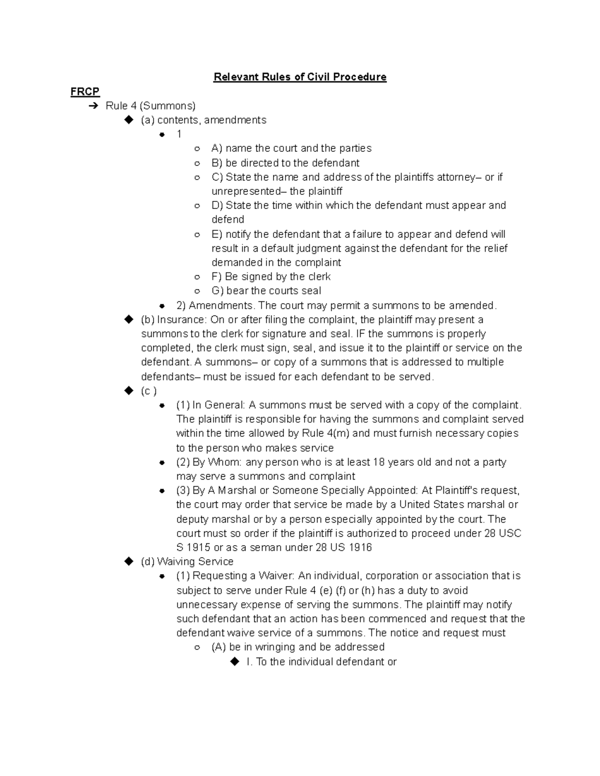 Rules of Civil Procedure - Relevant Rules of Civil Procedure FRCP Rule ...