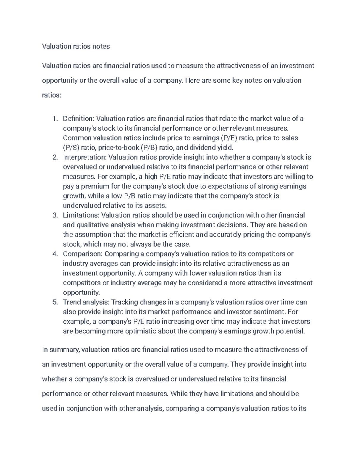 Valuation ratios notes - Valuation ratios notes Valuation ratios are ...