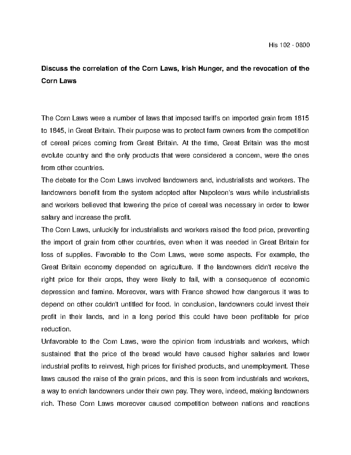 Correlation of the Corn Laws, Irish Hunger, and the revocation of the