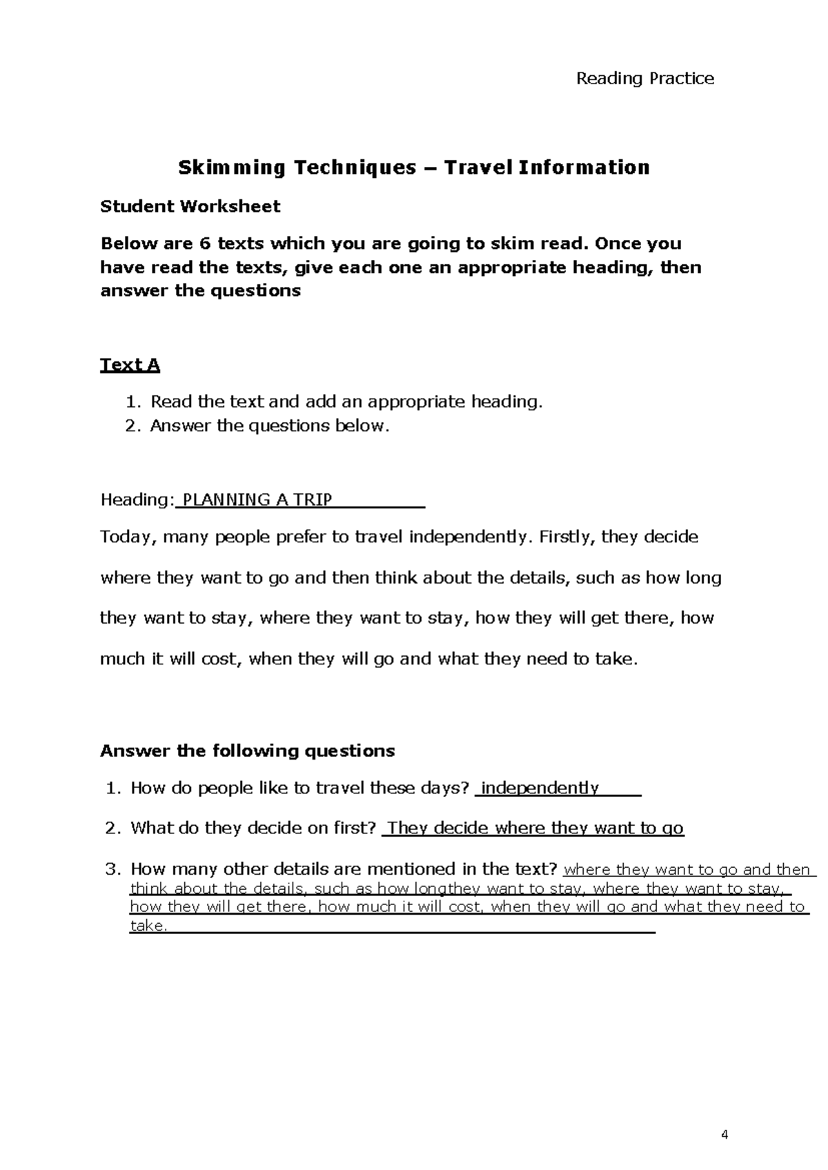 Answer Skimming Practice 1 Skimming Techniques Travel Information