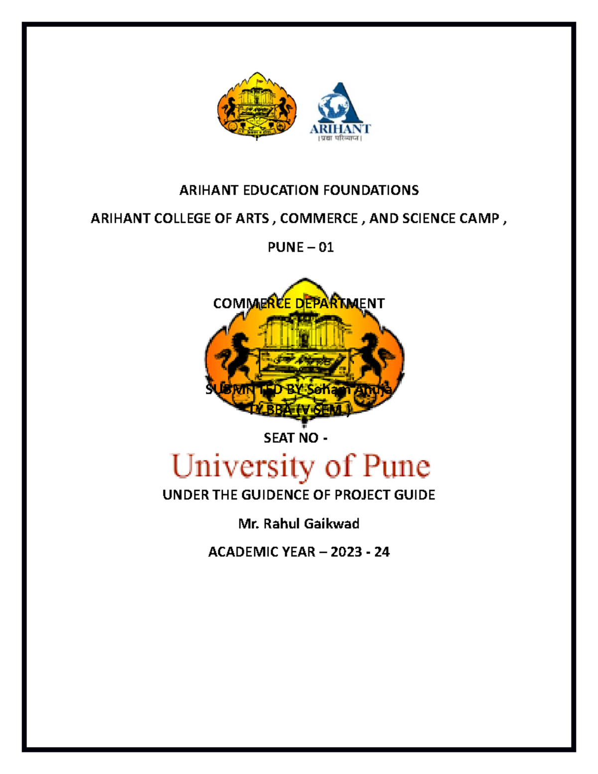 Project report marketing ARIHANT EDUCATION FOUNDATIONS ARIHANT