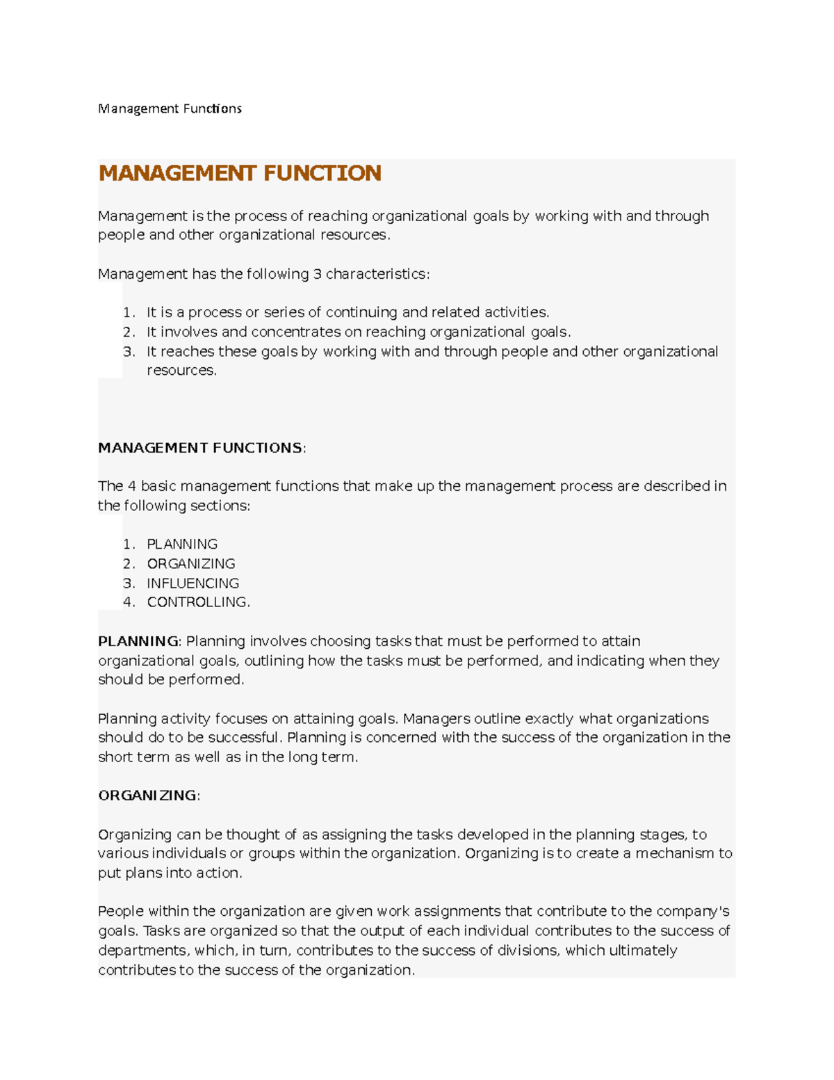 Management Functions - Management Functions MANAGEMENT FUNCTION ...
