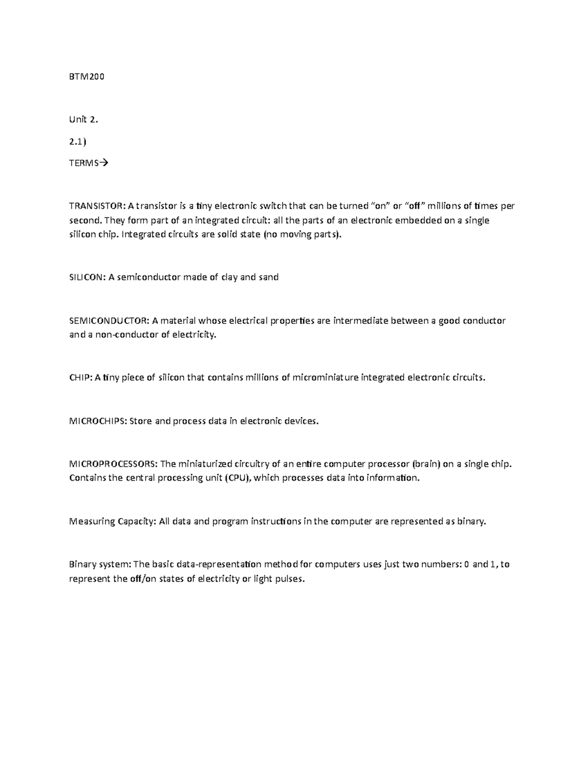 BTM200 - LECTURE NOTES - BTM Unit 2. TERMS TRANSISTOR: A transistor is ...