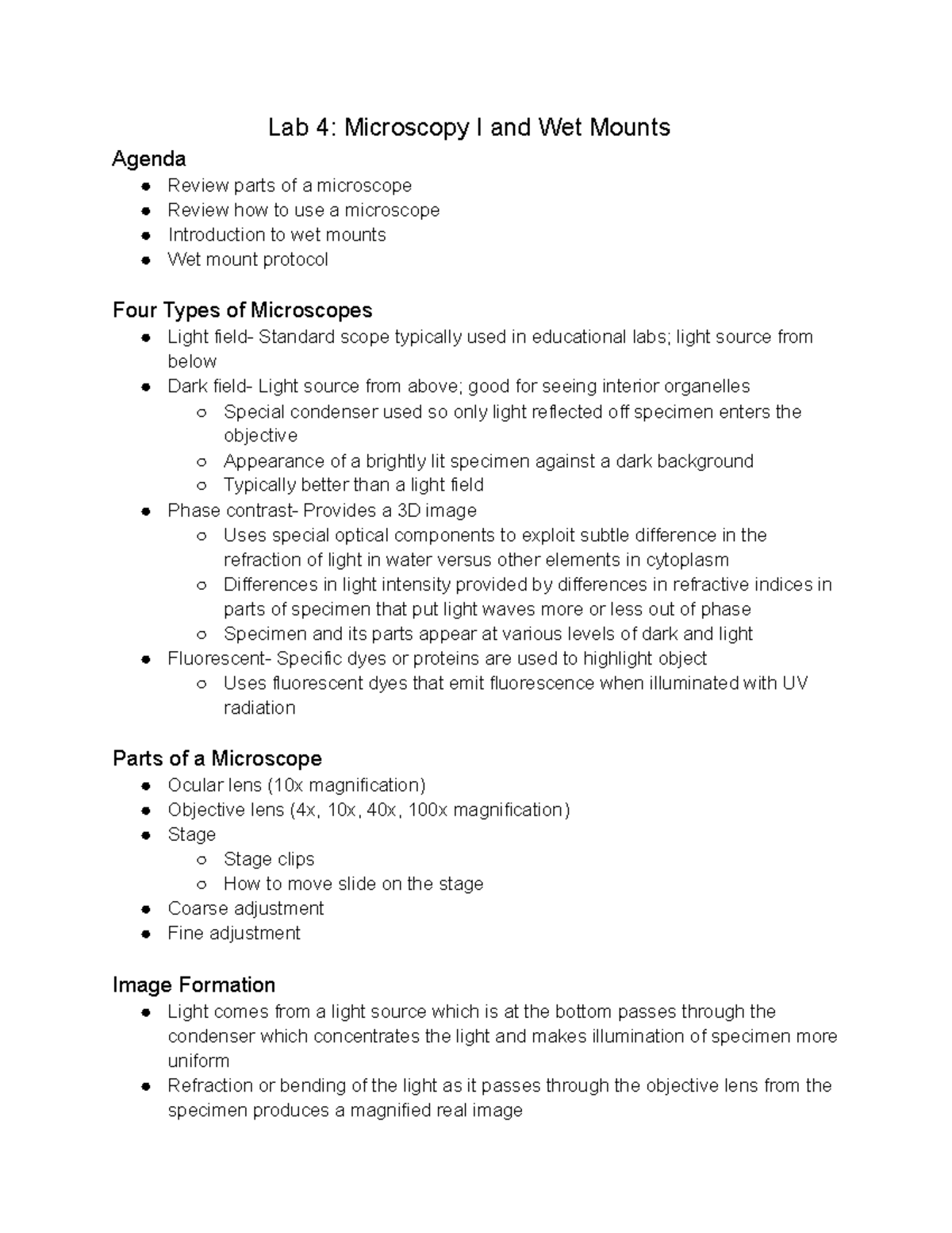 Lab 4 Microscopy and Wet Mounts Lecture Notes Lab 4 Microscopy I and Wet Mounts Agenda