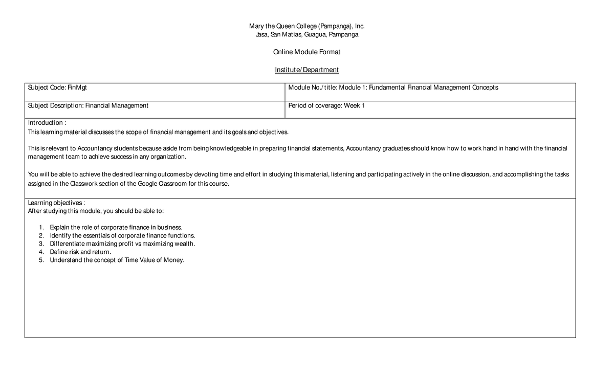 Fin Mgt Module 1 Fundamental Financial Management Concepts - M ary the ...