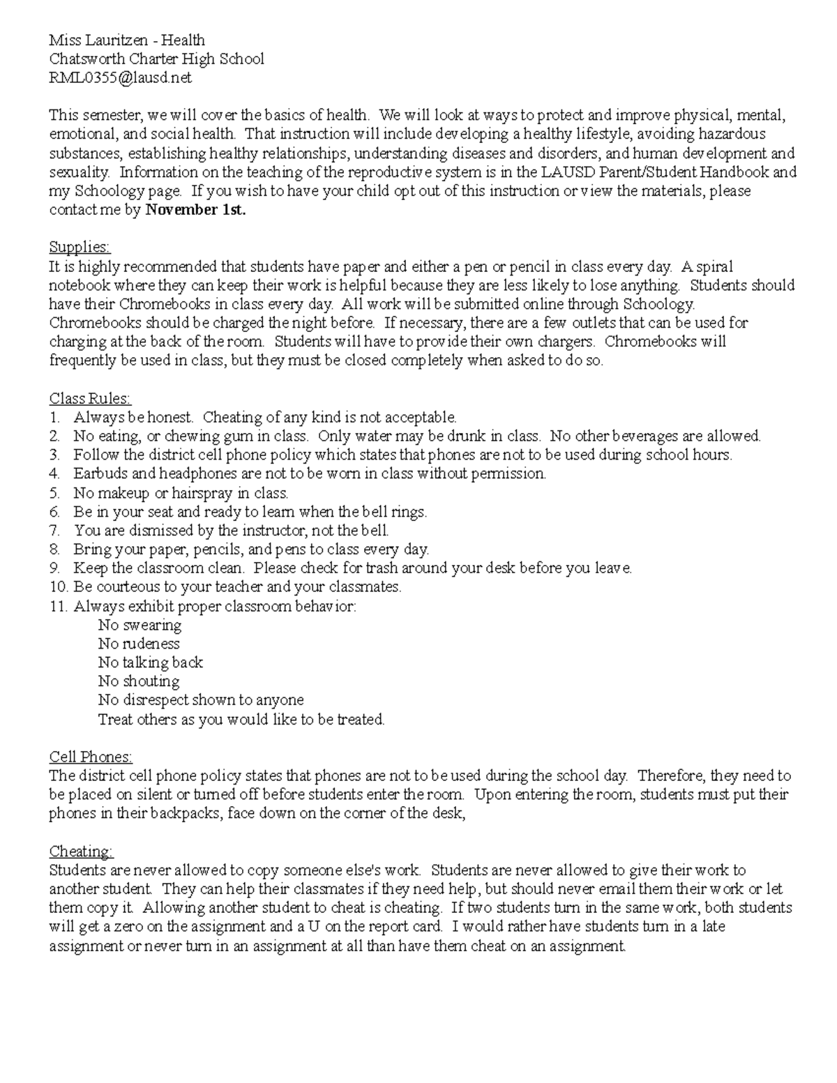 Course letter - Fall 20231 - Miss Lauritzen - Health Chatsworth Charter ...