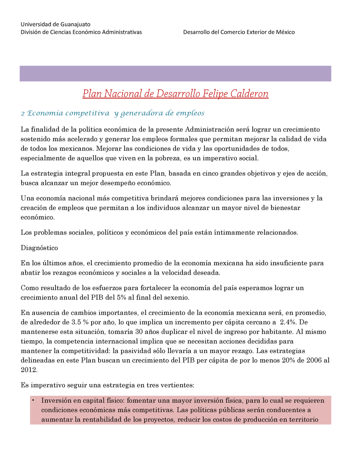 Plan Nacional de Desarrollo de Felipe Calderon - División de Ciencias  Económico Administrativas - Studocu