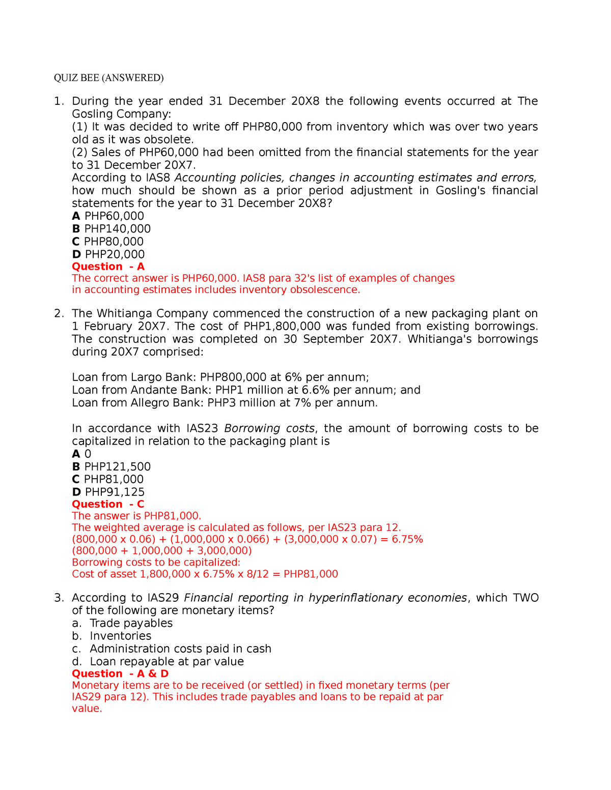 QUIZ B - Intermediate Accounting - QUIZ BEE (ANSWERED) During The Year ...