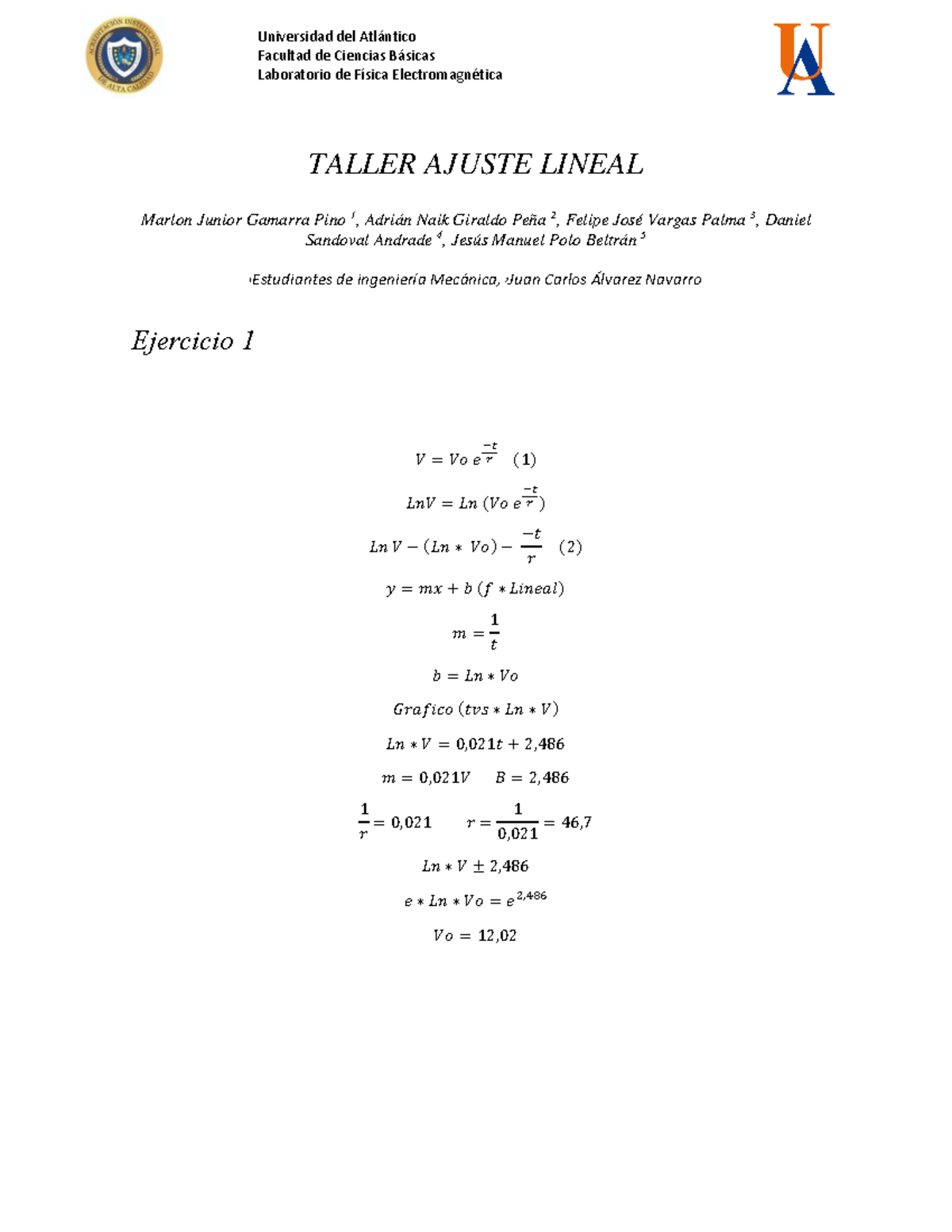 Taller Ajuste Lineal - Universidad del Atlántico Facultad de Ciencias ...
