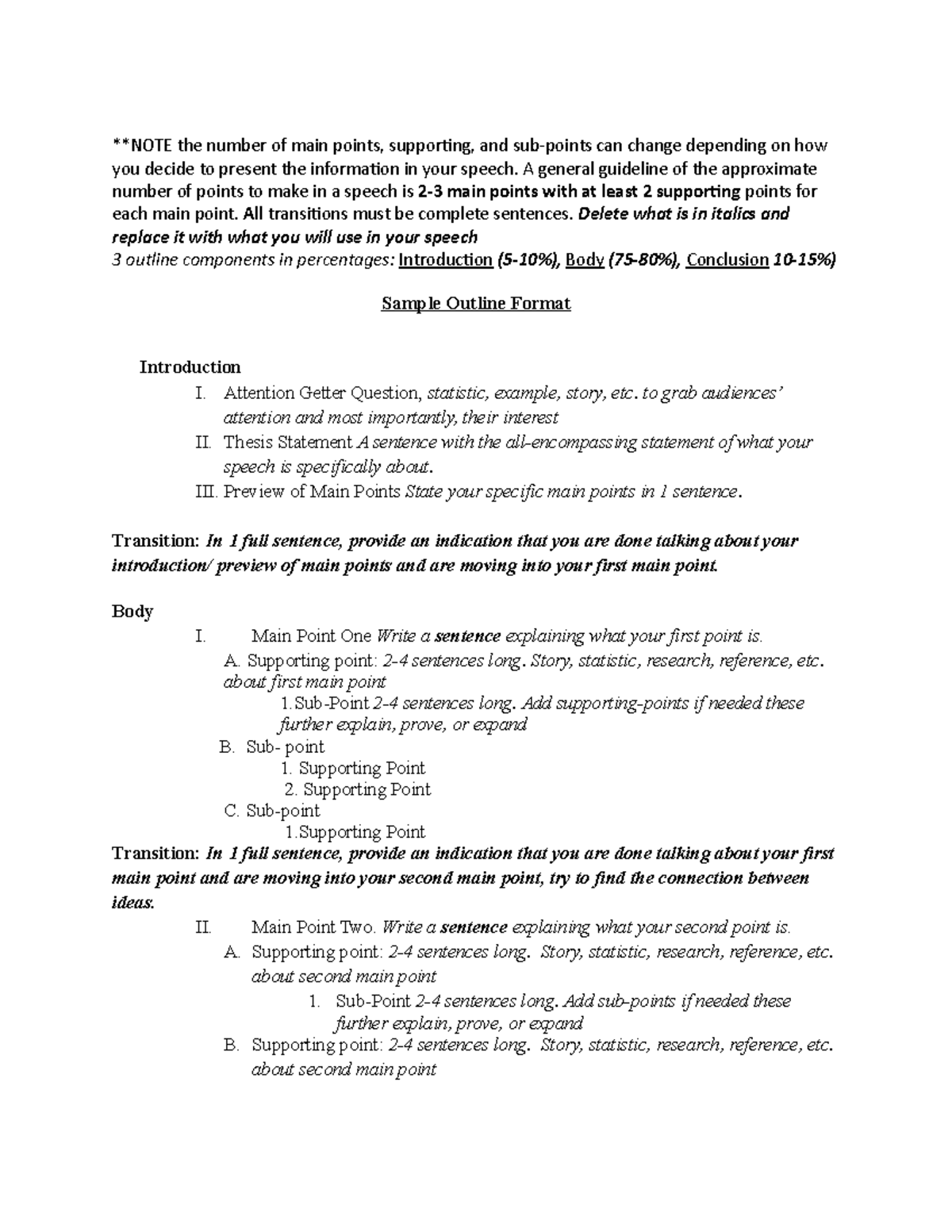 Blank outline template - **NOTE the number of main points, supporting ...