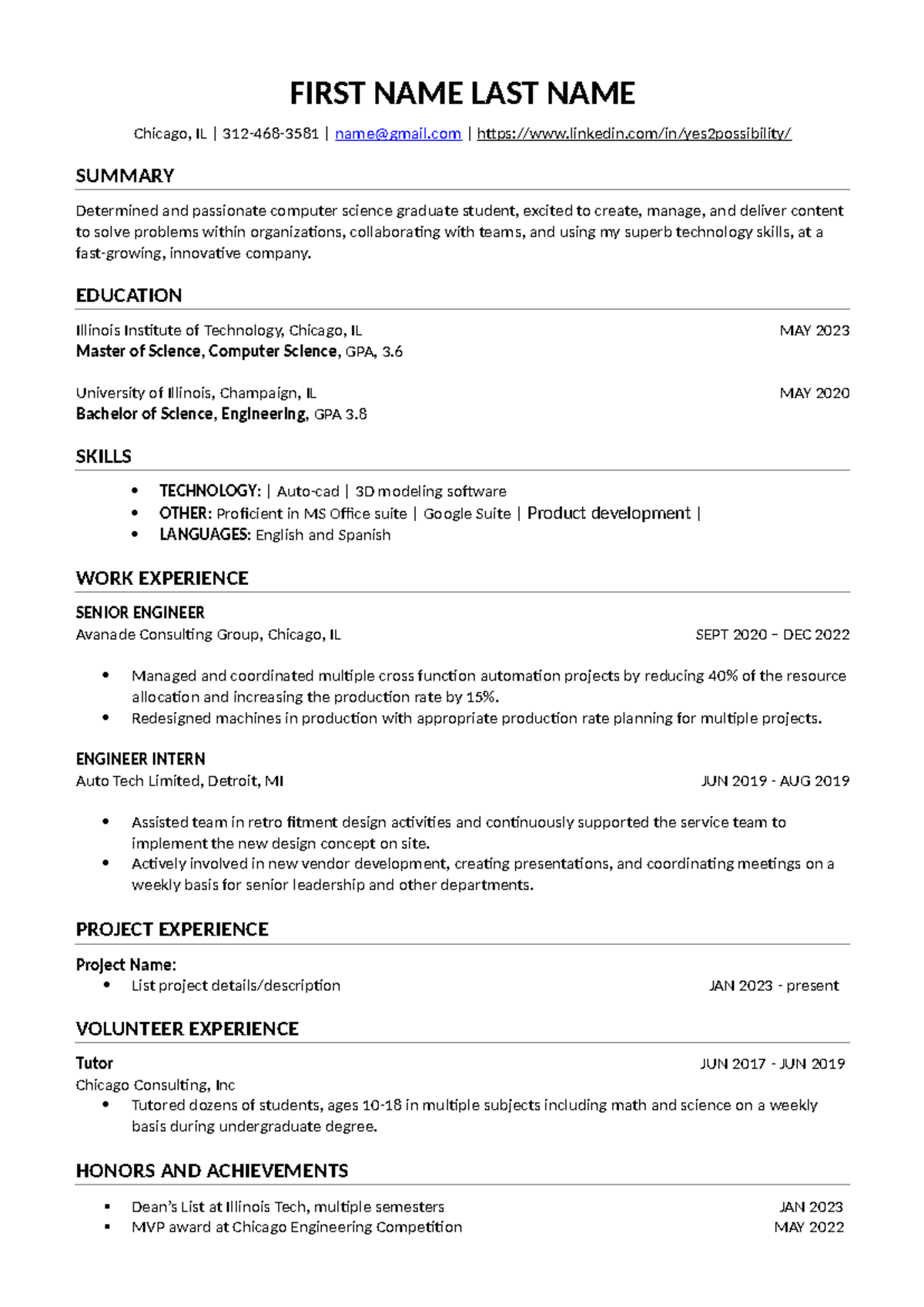 New sample resume iltech 1 - FIRST NAME LAST NAME Chicago, IL | 312-468 ...