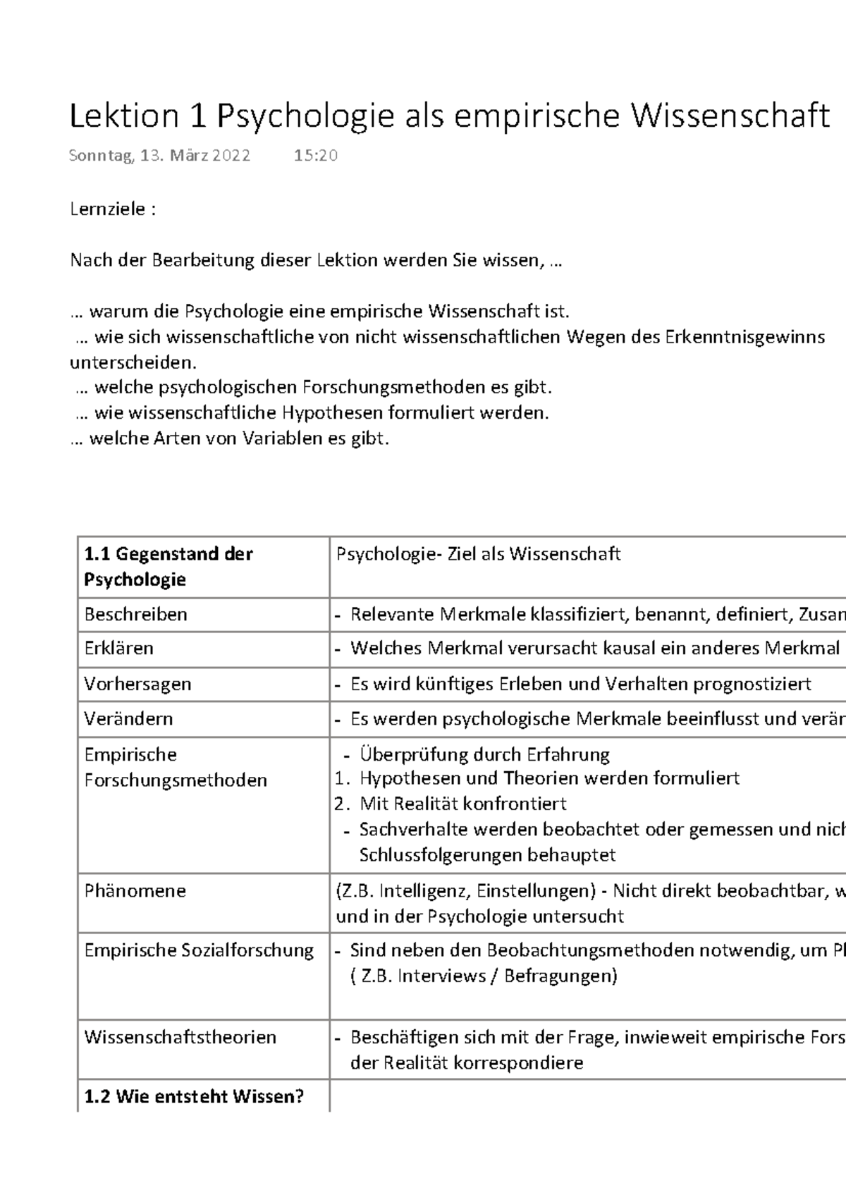 Lektion 1 Psychologie als empirische Wissenschaft - 1 Gegenstand der ...