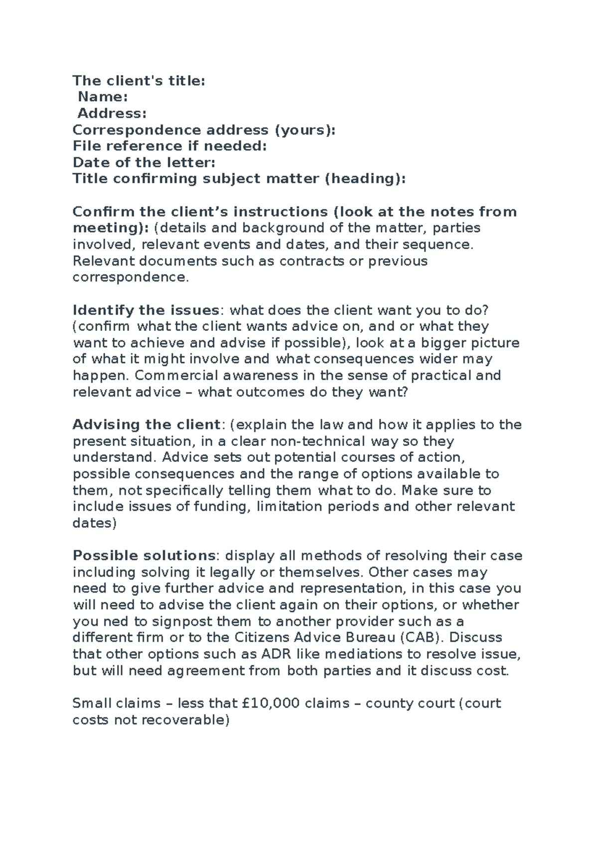 Writing A Letter Of Advice To Client The Client s Title Name 