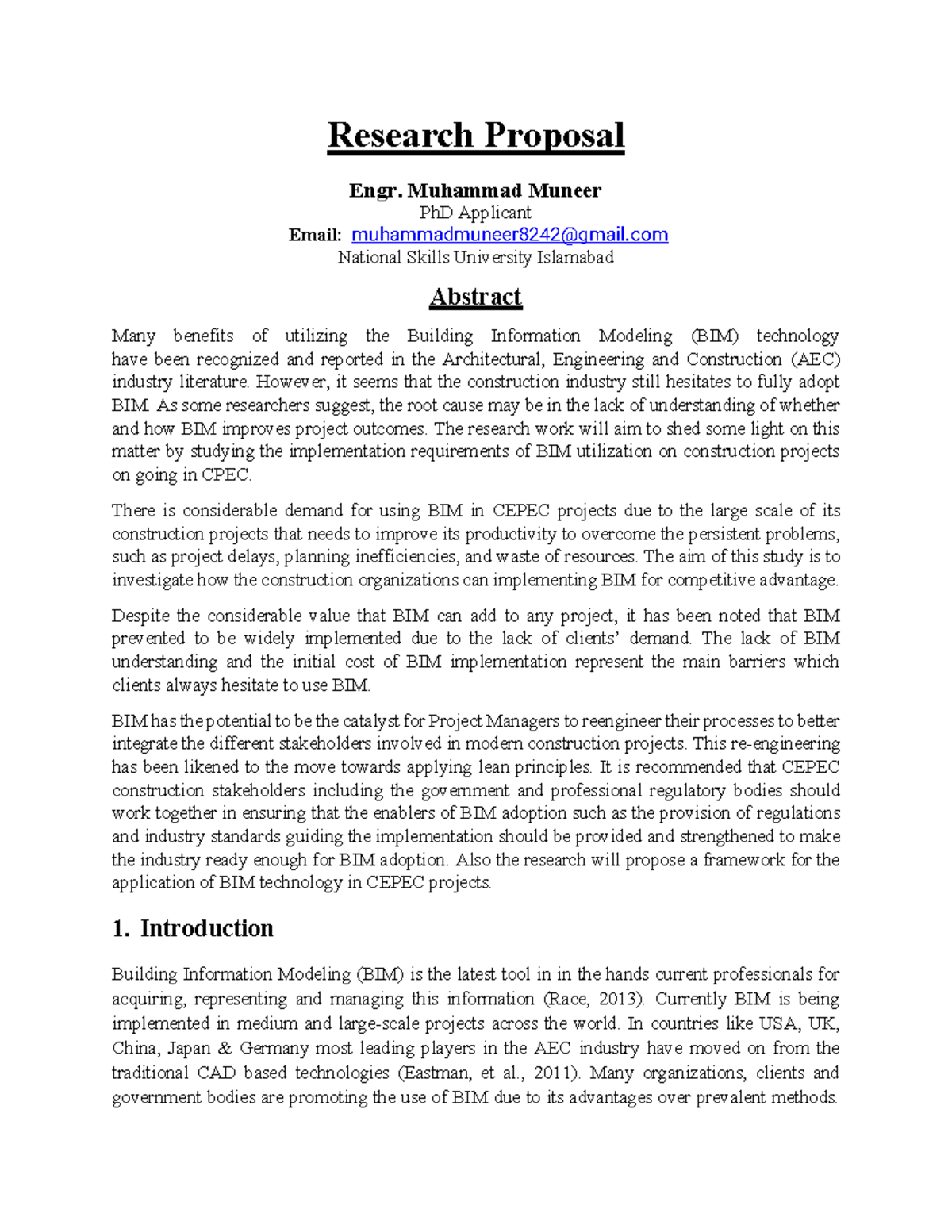 Research Proposal - Research Proposal Engr. Muhammad Muneer PhD ...