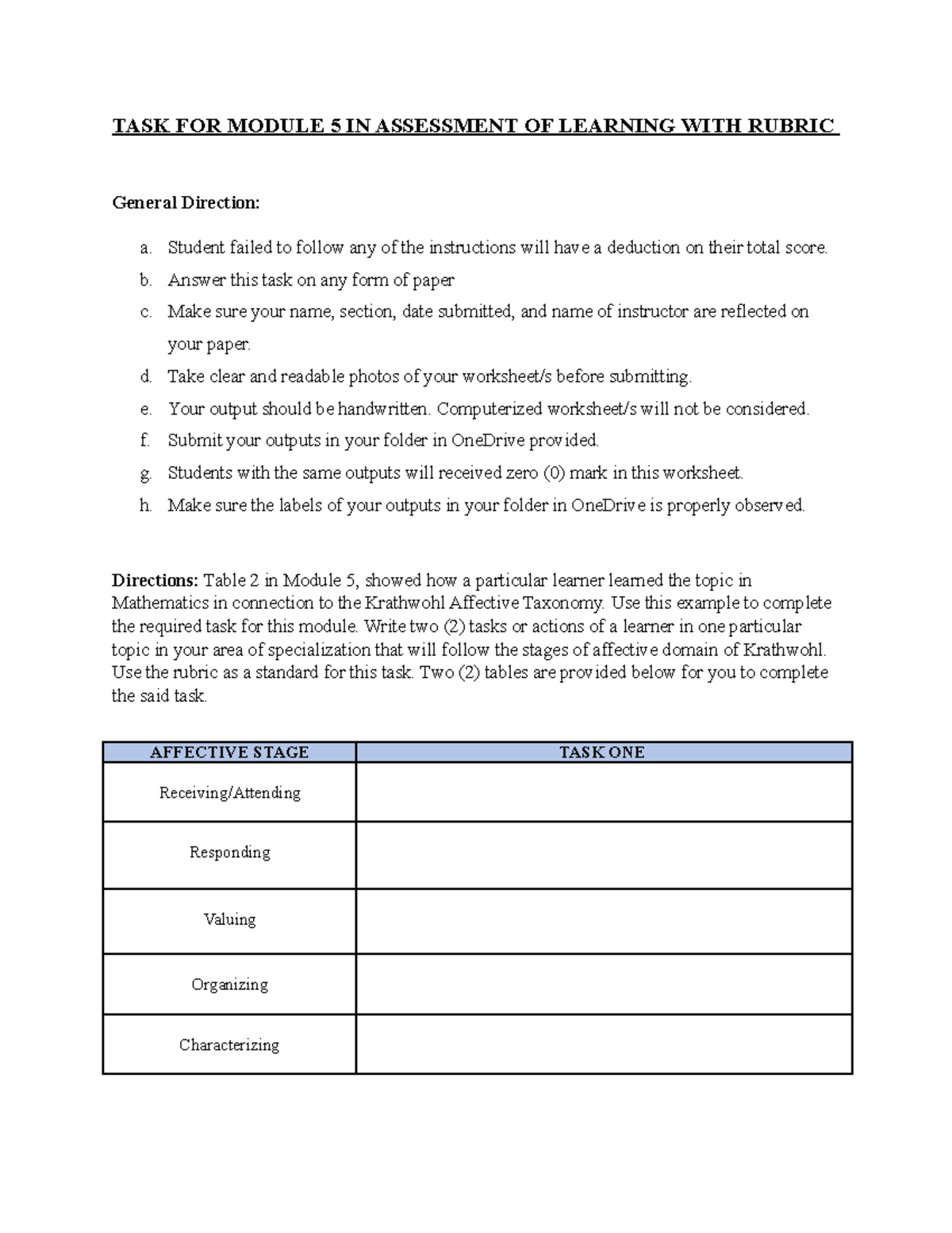 TASK FOR Module 5 IN Assessment OF Learning WITH Rubric - TASK FOR ...