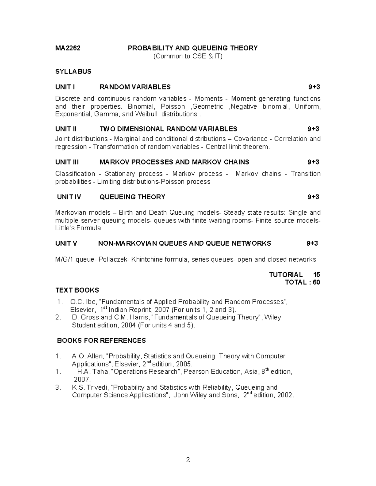 Pdfcoffee - N/A - MA2262 PROBABILITY AND QUEUEING THEORY (Common to CSE ...