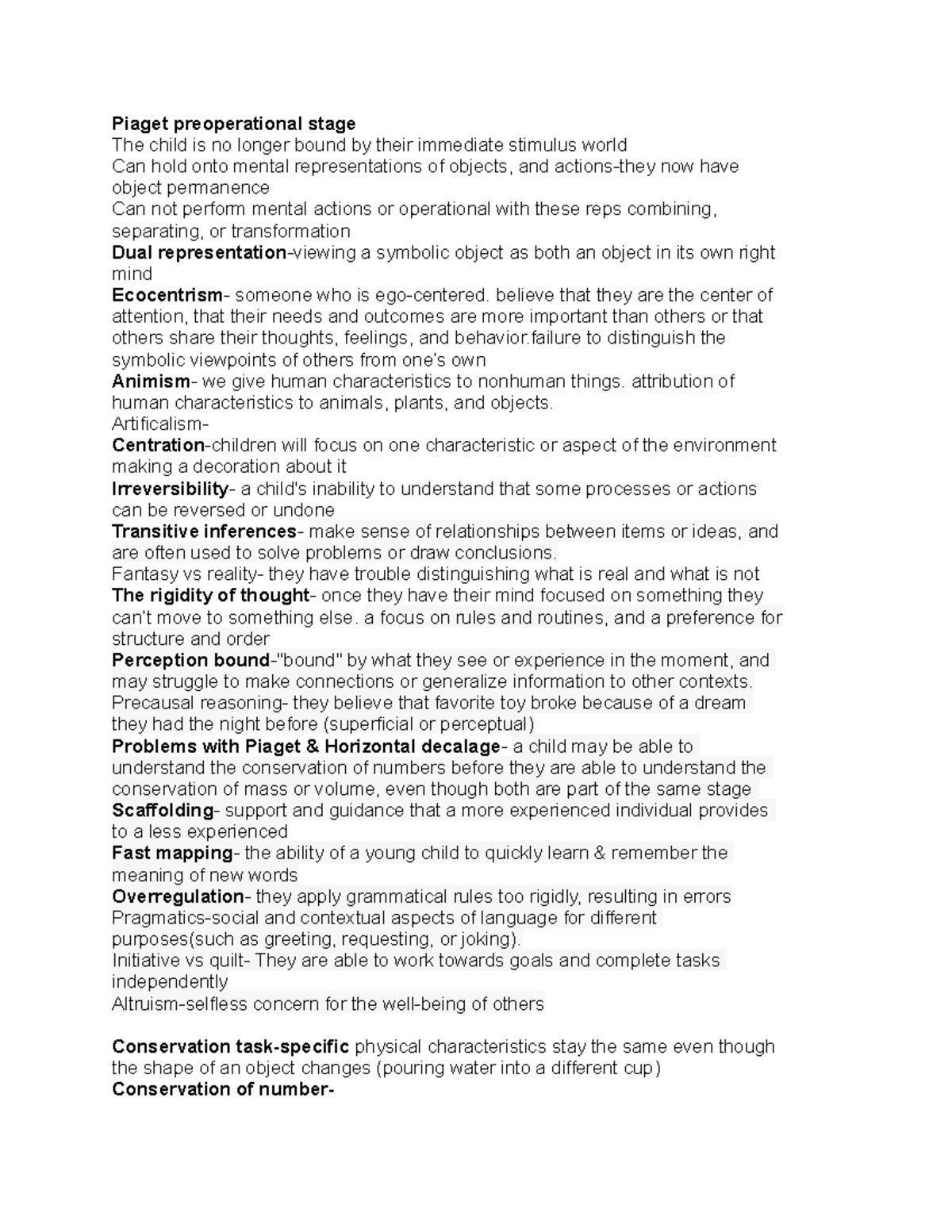 Dev psych- Exam 3 study guide - Piaget preoperational stage The child ...