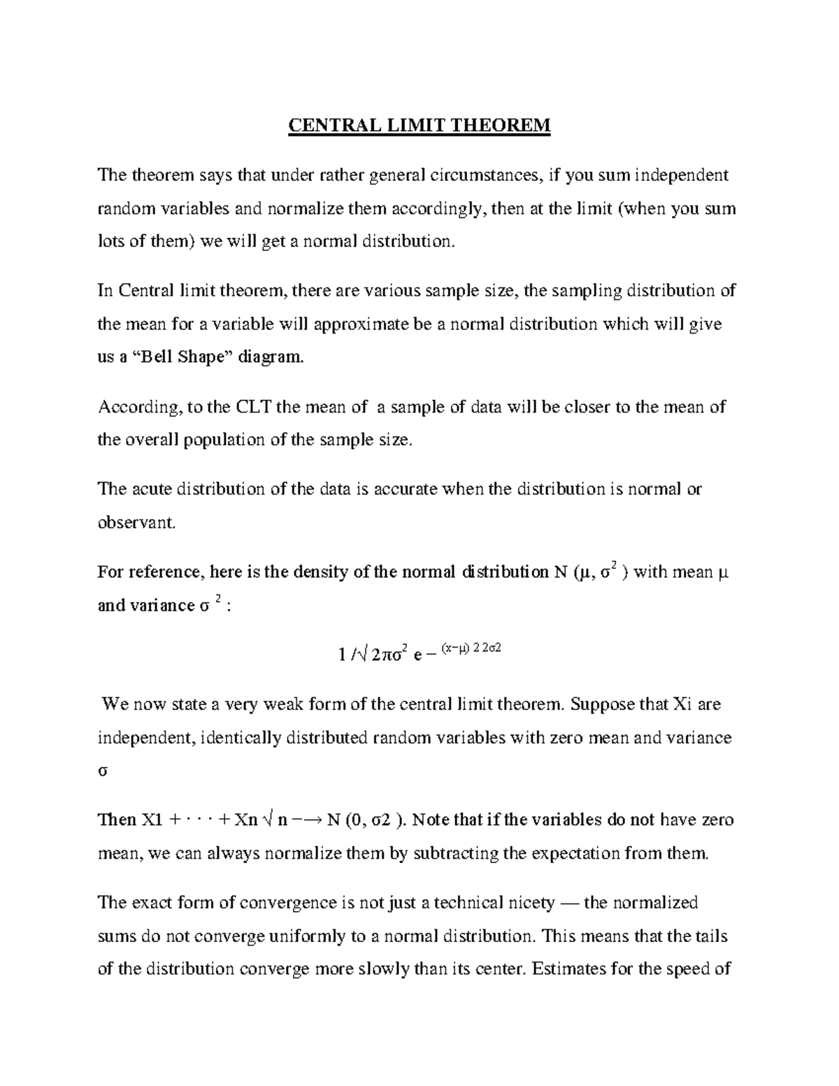 Central Limit Theorem - Lecture Notes 1 - CENTRAL LIMIT THEOREM The ...