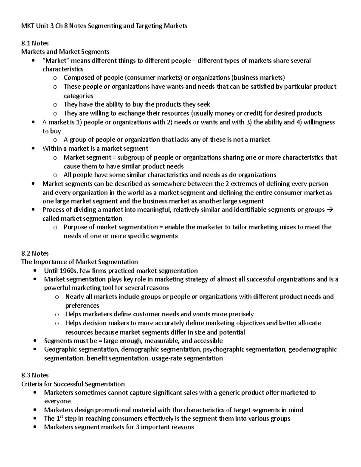 MKT Unit 3 Ch 8 Notes Segmenting and Targeting Markets - MKT Unit 3 Ch ...