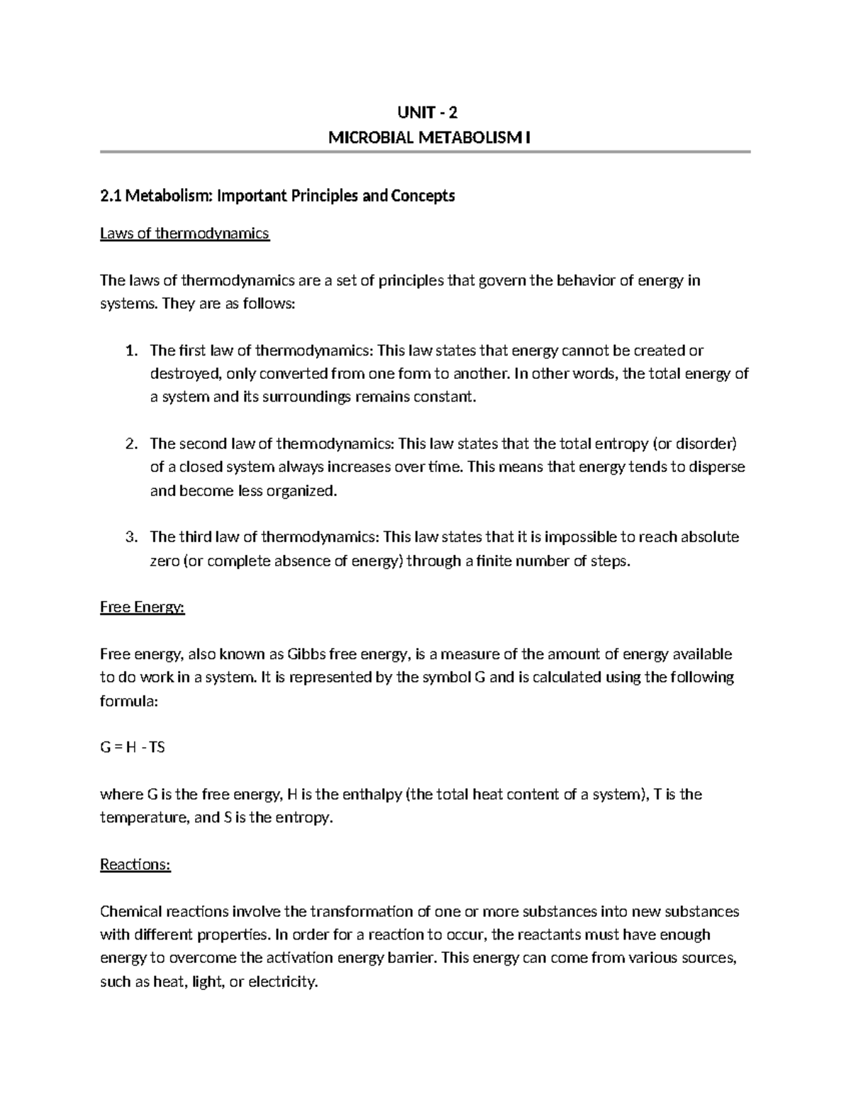 UNIT - 2 Microbial Metabolism I Notes - UNIT - 2 MICROBIAL METABOLISM I ...