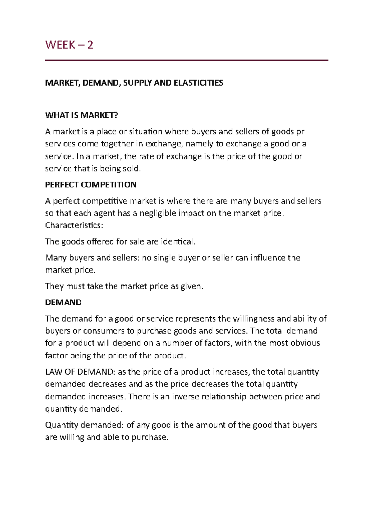 ECO WEEK - 2 - chapter brief - WEEK – 2 MARKET, DEMAND, SUPPLY AND ...
