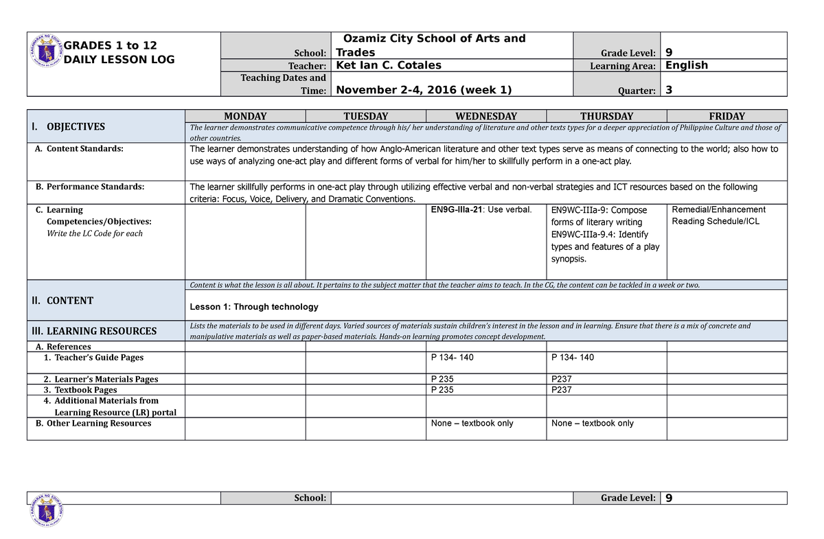 366221963 Grade 9 English DLL 3rd Quarter English DLL - GRADES 1 To 12 ...