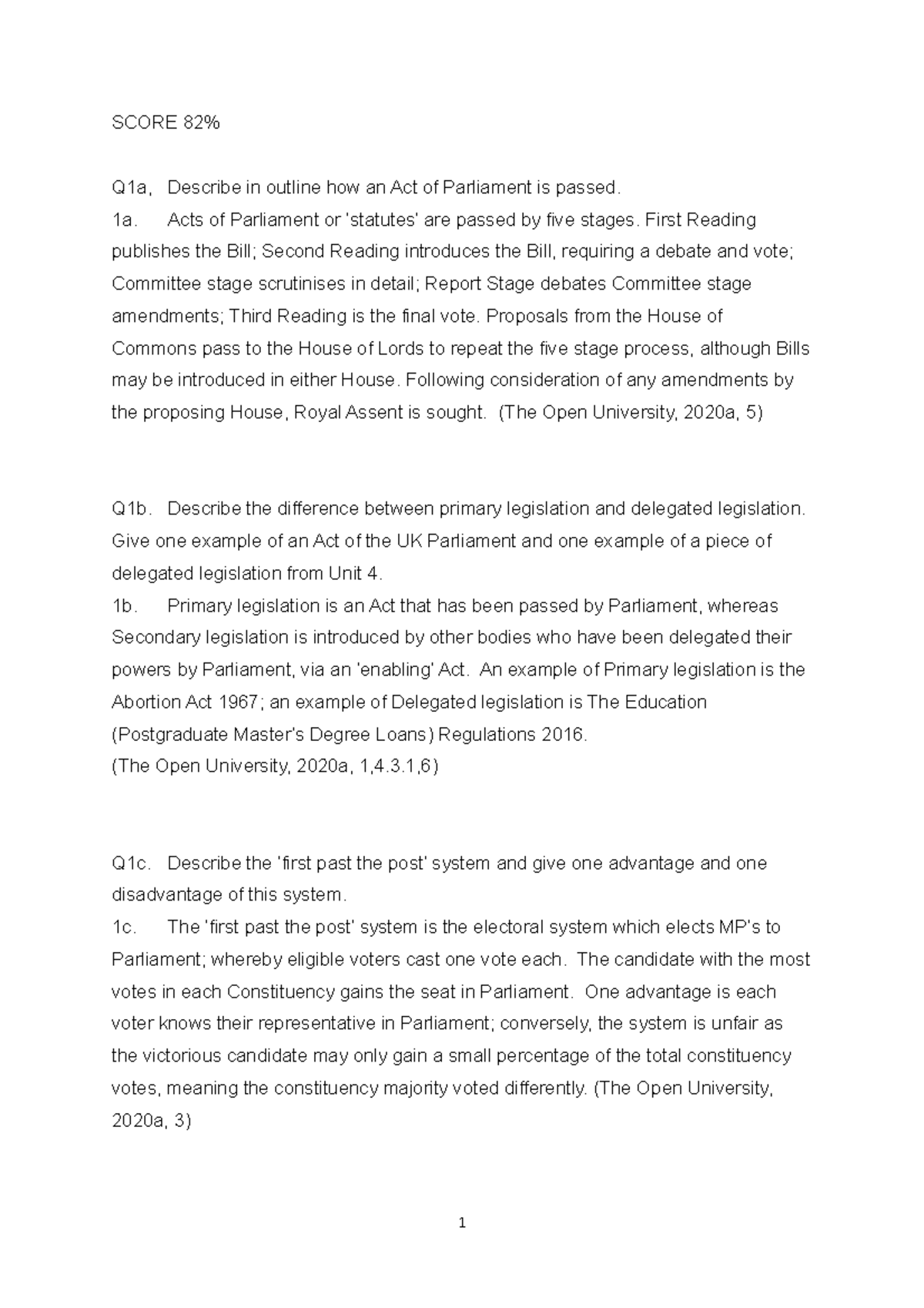 W101 TMA01 - SCORE 82% Q1a, Describe in outline how an Act of ...