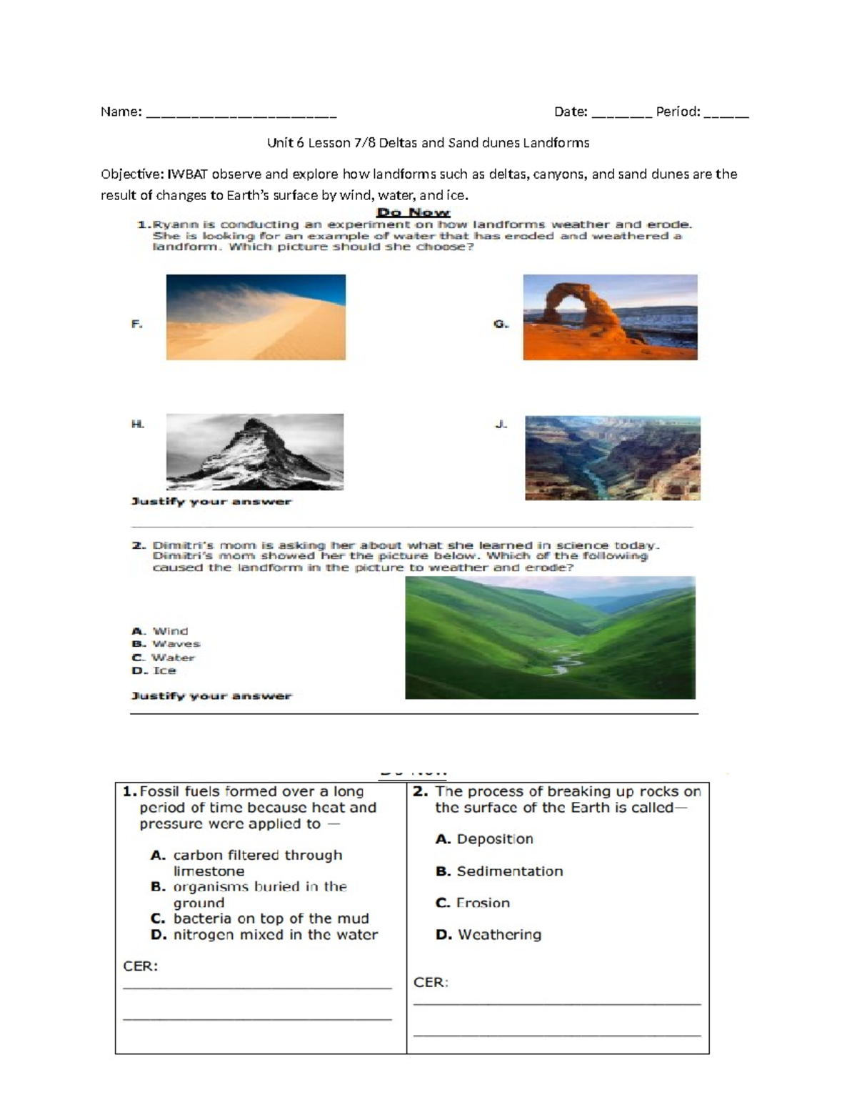 Unit 6 Lesson 7-8 Deltas and Sand Dunes Landforms Packet - Name