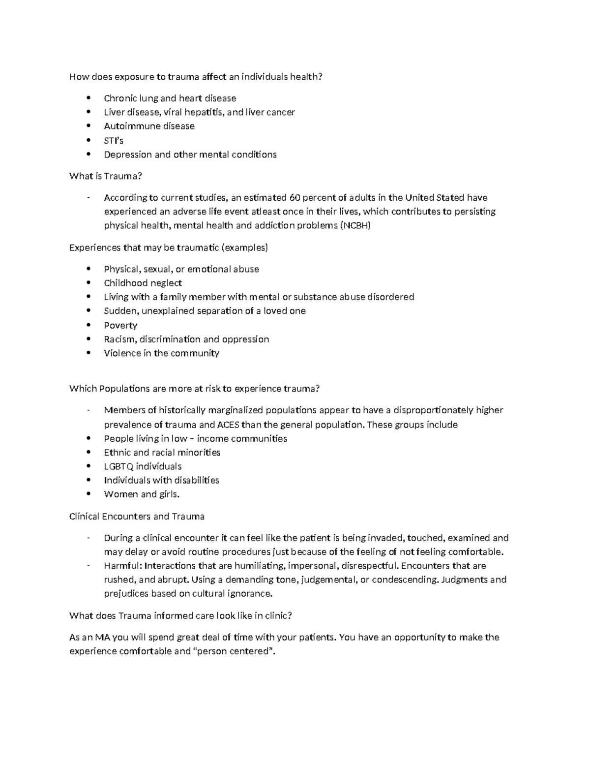 Week 5 Trauma informed care lecture notes - How does exposure to trauma ...