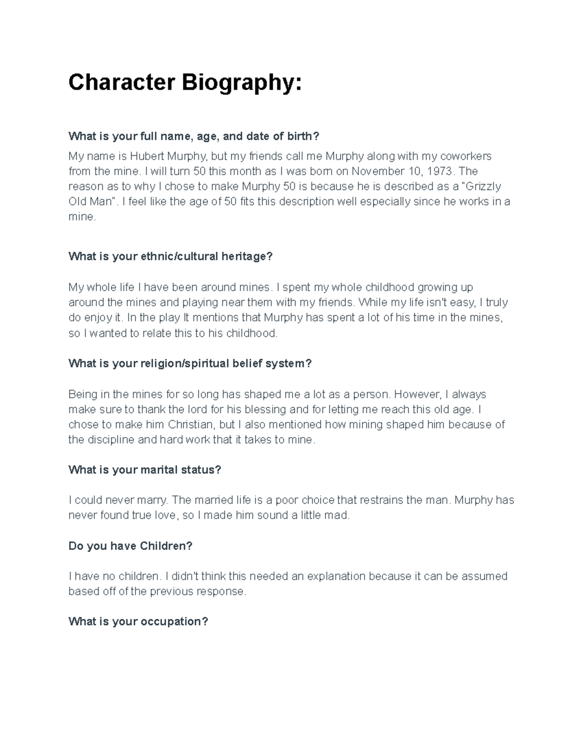 Character Biography Assignment - Character Biography: What is your full ...