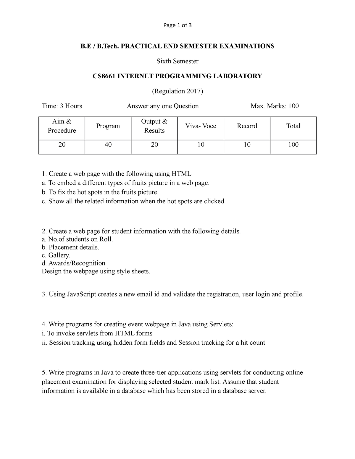 CS8661 - Internet Programming Lab Manual - Page 1 Of 3 B / B. PRACTICAL ...