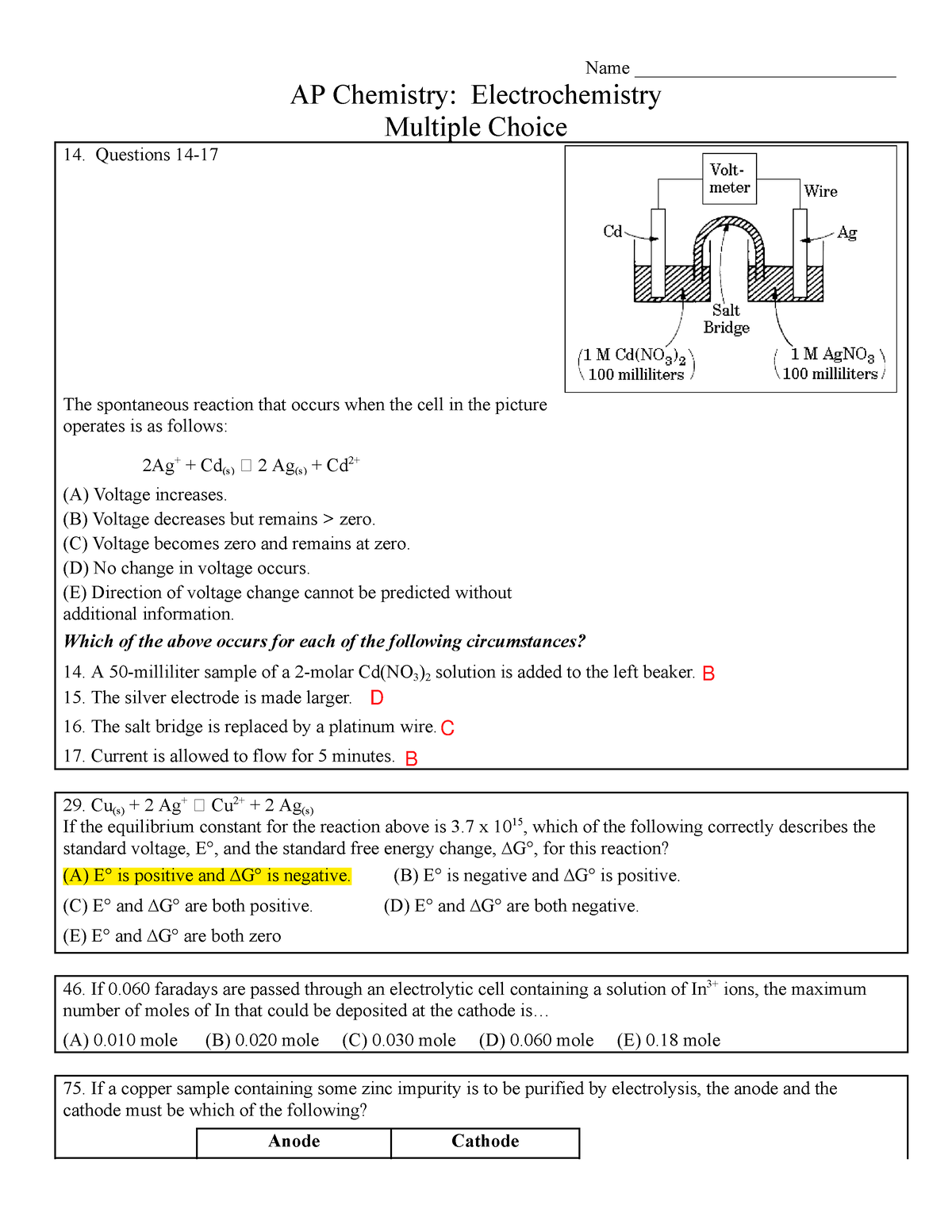 Electrochemistry (AP MC) - Name ____________________________ AP ...